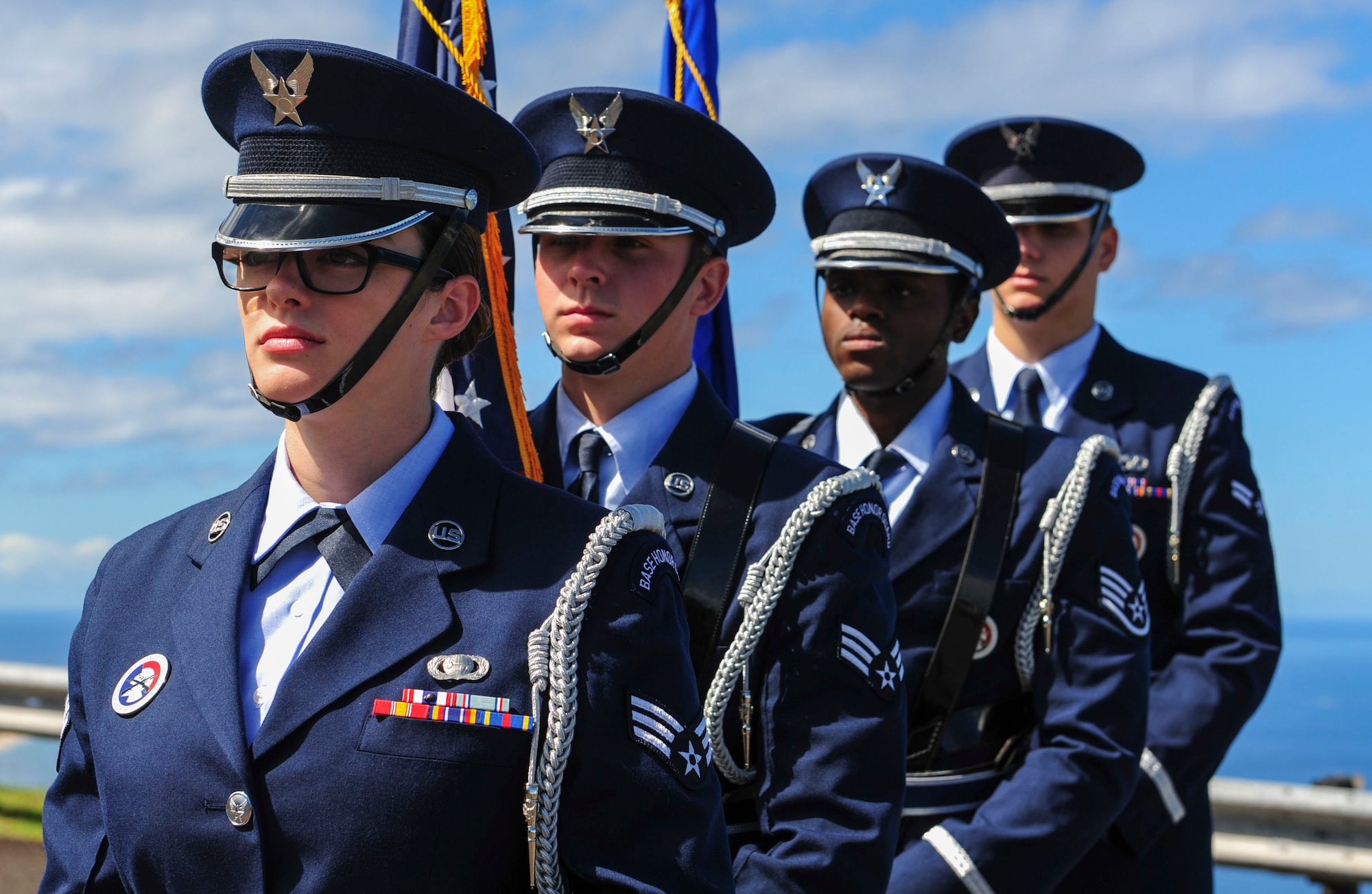 Joint Base Pearl Harbor-Hickam Honor Guard prepares to post the colors during the Detachment 3 Change of Command Ceremony, Kaena Point, Hawaii, June 9, 2017.  Detachment 3 is a component of the 21st Space Operations Squadron, 50th Network Operations Group, 50th Space Wing, and is located on the western tip of Oahu.  It is the oldest and one of seven worldwide remote tracking stations in the Air Force Satellite Control Network.  (U.S. Air Force photo by Tech. Sgt. Heather Redman)