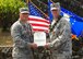 Lt. Col. Phillip Verroco, 21st Space Operations Squadron commander, presents Maj. Robert F. Shumaker, Detachment 3 outgoing commander, with the Meritorious Service Medal during the Detachment 3 Change of Command Ceremony, Kaena Point, Hawaii, June 9, 2017.  Detachment 3 is a component of the 21st Space Operations Squadron, 50th Network Operations Group, 50th Space Wing, and is located on the western tip of Oahu.  It is the oldest and one of seven worldwide remote tracking stations in the Air Force Satellite Control Network.  (U.S. Air Force photo by Tech. Sgt. Heather Redman)