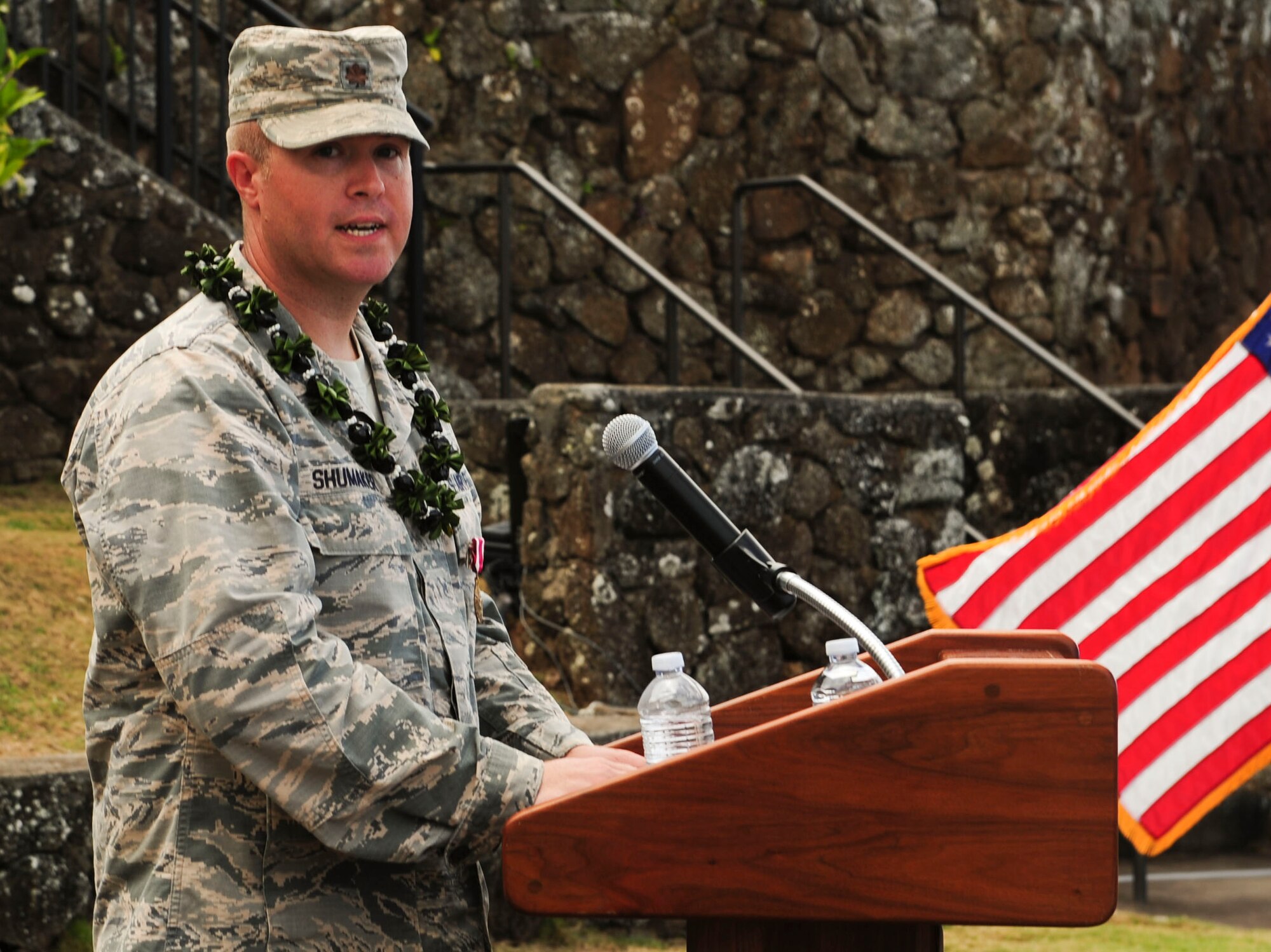 Maj. Robert F. Shumaker, Detachment 3 outgoing commander, thanks the Airmen of Detachment 3 for their service during the Detachment 3 Change of Command Ceremony, Kaena Point, Hawaii, June 9, 2017.  Detachment 3 is a component of the 21st Space Operations Squadron, 50th Network Operations Group, 50th Space Wing, and is located on the western tip of Oahu.  It is the oldest and one of seven worldwide remote tracking stations in the Air Force Satellite Control Network.  (U.S. Air Force photo by Tech. Sgt. Heather Redman)