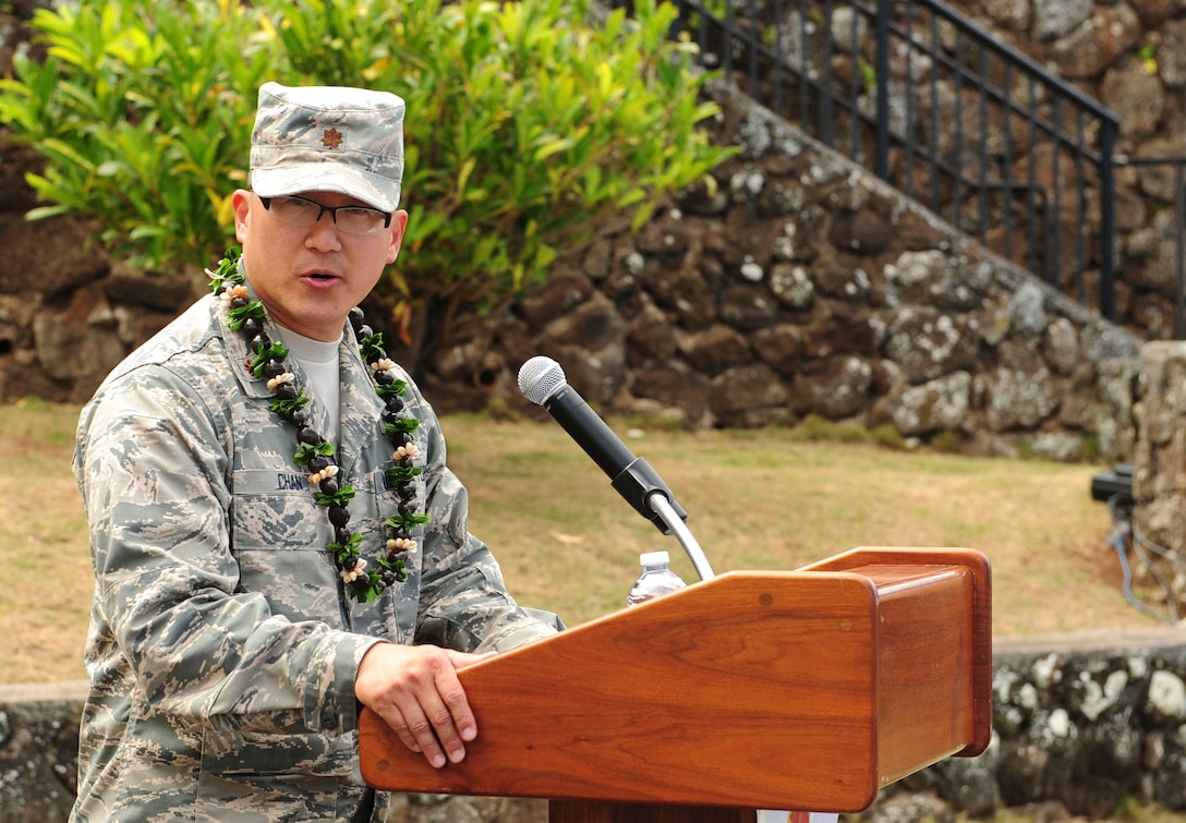 Maj. Edmond Chan, Detachment 3 commander, speaks to his unit during the Detachment 3 Change of Command Ceremony, Kaena Point, Hawaii, June 9, 2017.  Detachment 3 is a component of the 21st Space Operations Squadron, 50th Network Operations Group, 50th Space Wing, and is located on the western tip of Oahu.  It is the oldest and one of seven worldwide remote tracking stations in the Air Force Satellite Control Network.  (U.S. Air Force photo by Tech. Sgt. Heather Redman)