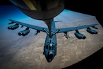 An Air Force B-52 Stratofortress bomber departs after receiving fuel from a KC-135 Stratotanker during a flight to support Operation Inherent Resolve, the coalition effort to defeat the Islamic State of Iraq and Syria, June 9, 2017. Air Force photo by Staff Sgt. Michael Battles