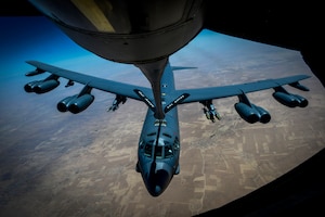 An Air Force B-52 Stratofortress bomber departs after receiving fuel from a KC-135 Stratotanker during a flight to support Operation Inherent Resolve, the coalition effort to defeat the Islamic State of Iraq and Syria, June 9, 2017. Air Force photo by Staff Sgt. Michael Battles