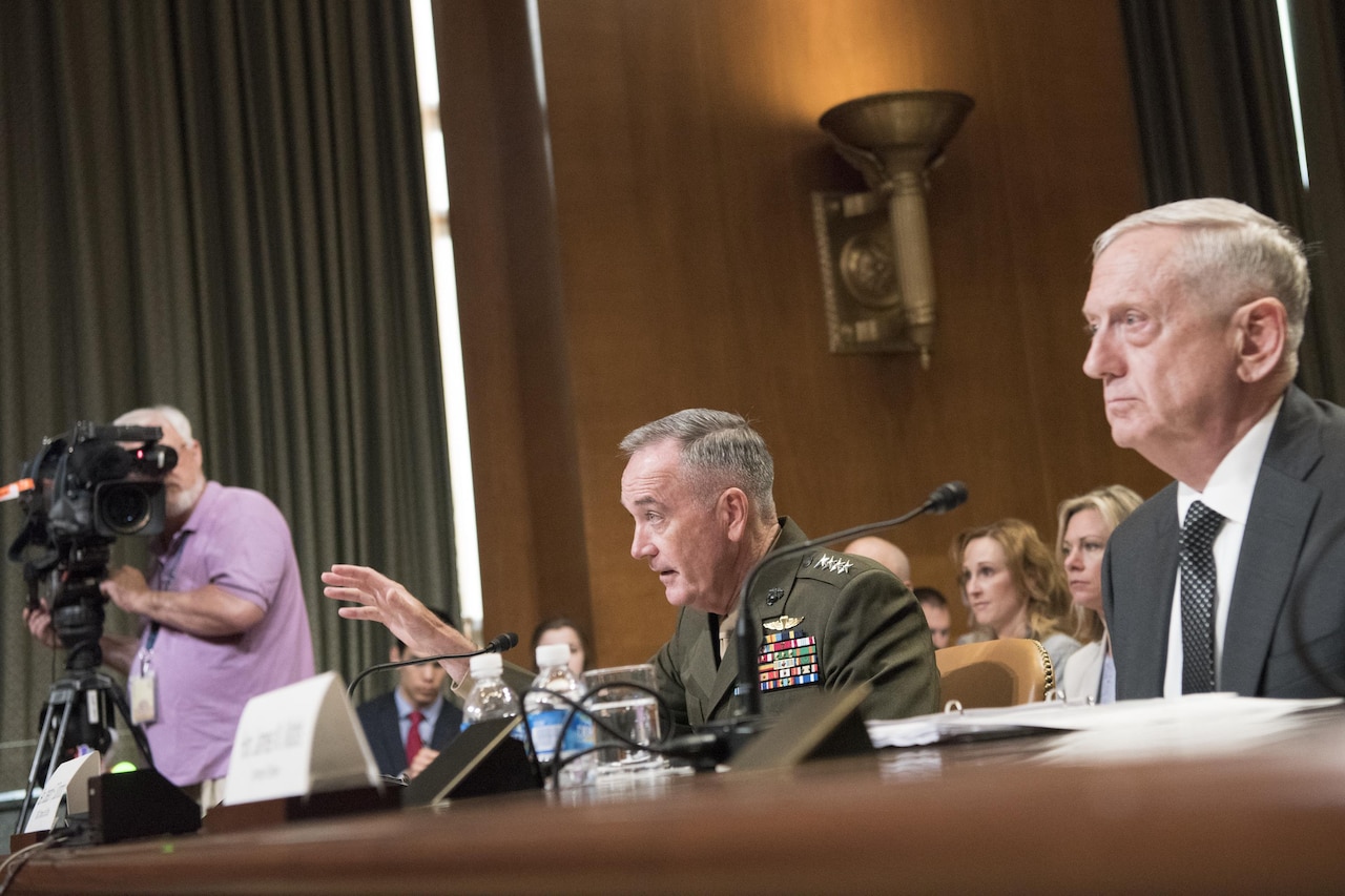 Defense Secretary Jim Mattis and Marine Corps Gen. Joe Dunford, chairman of the Joint Chiefs of Staff, provide testimony on the fiscal 2018 Defense Department budget request to members of the Senate Appropriations Committee's defense subcommittee, June 14, 2017. DoD photo by Navy Petty Officer 2nd Class Dominique A. Pineiro