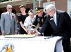 Cutting the Army Birthday cake June 14 during the Stripes and Stars Festival at Independence Hall in Philadelphia are (from left): James A. Donahue, president of the William Penn Chapter of the Association of the United States Army; Army Recruit Brian White, the youngest Soldier in attendance; Pvt. Alex Horanczy, the oldest Soldier in attendance who served with the 42nd Infantry Division and is a Pearl Harbor Survivor; Maj. Gen. Troy D. Kok, commanding general of the U.S. Army Reserve’s 99th Regional Support Command; and retired Gen. Carter F. Ham, president and CEO of the Association of the United States Army and former commander of U.S. Africa Command.