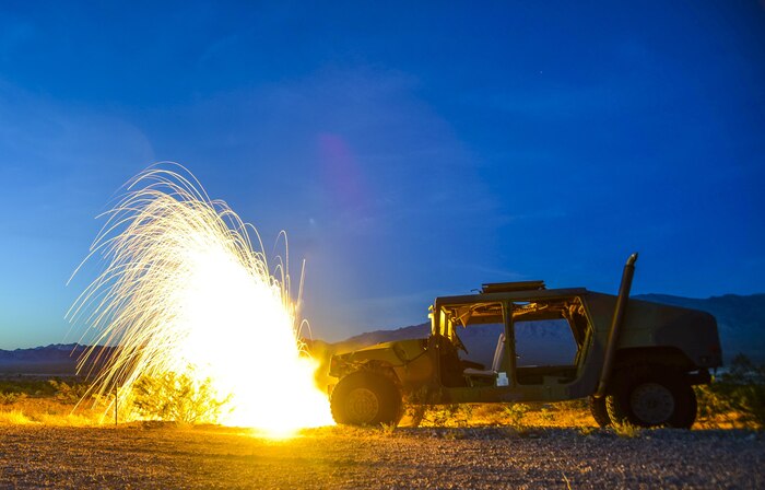 A simulated improvised explosive device is safely disposed of during a training exercise at the Nevada Test and Training Range, June 7, 2017. 99th Civil Engineer Squadron explosive ordnance disposal team members are responsible for identifying and safely defeating explosive devices. (U.S. Air Force photo by Airman 1st Class Andrew D. Sarver/Released)