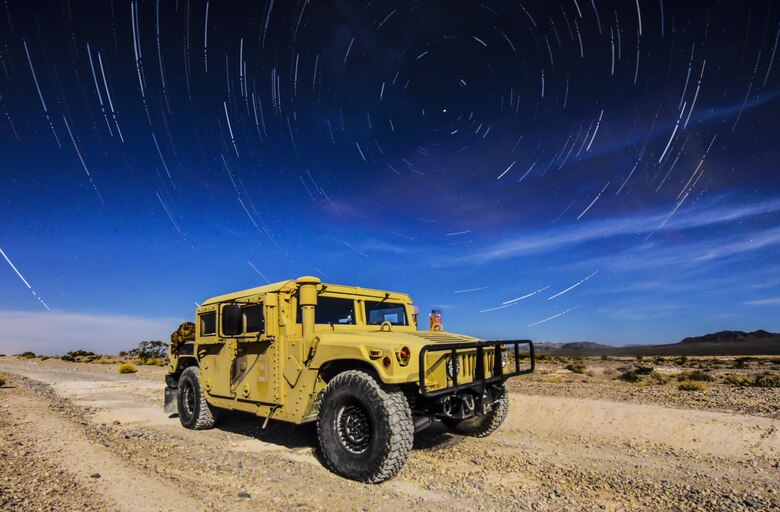 A 99th Civil Engineer Squadron explosive ordnance disposal team Humvee sits under the stars during a training exercise at the Nevada Test and Training Range June 7, 2017. The Humvee is the military’s premier light armored truck and has multiple modifications that best suits each unit’s specific needs. (U.S. Air Force photo illustration by Airman 1st Class Andrew D. Sarver/Released)