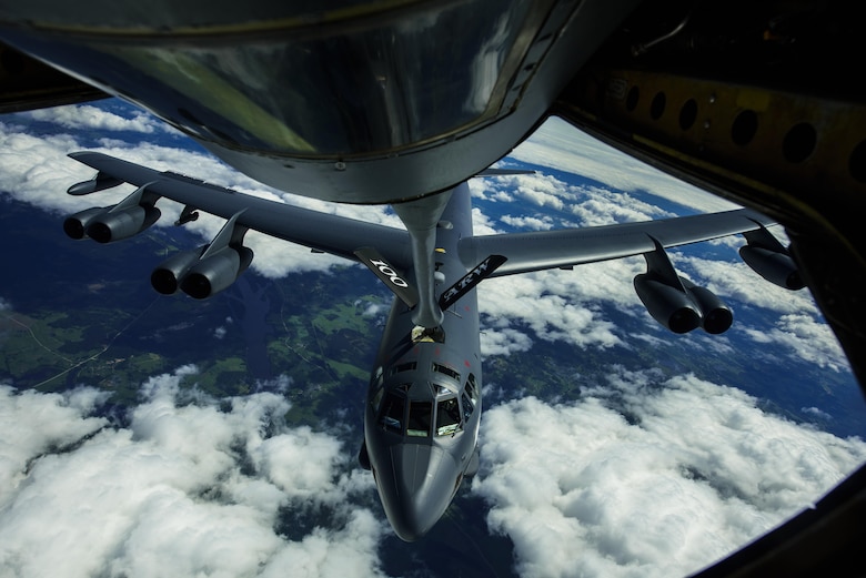 A B-52H Stratofortress, 2nd Bomb Wing, refuels from a KC-135R Stratotanker during BALTOPS over Latvia, June 14, 2017. The U.S. Air Force is supporting this exercise with approximately 900 Airmen, eight F-16s from the 31st Fighter Wing, Aviano Air Base, Italy, four KC-135 Stratotankers from the 100th Air Refueling Wing, RAF Mildenhall, U.S. Air Force Reserve 459th Air Refueling Wing, Joint Base Andrews, Maryland, one Air Force Reserve E-3 Airborne Warning and Control System (AWACS) from the 513th Aerial Control Group, B-52s from RAF Fairford, Tinker Air Force Base, Oklahoma and Airmen from the 1st Combat Communication Squadron, Ramstein Air Base, Germany are supporting this multinational exercise. (U.S. Air Force photo by Staff Sgt. Jonathan Snyder)