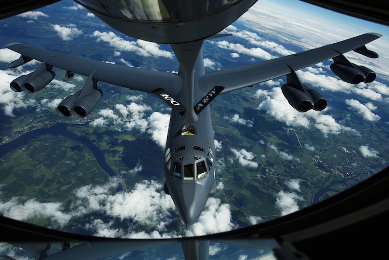 A B-52H Stratofortress, 2nd Bomb Wing, refuels from a KC-135R Stratotanker during BALTOPS over Latvia, June 14, 2017. The exercise is designed to enhance flexibility and interoperability, to strengthen combined response capabilities, as well as demonstrate resolve among Allied and Partner Nations' forces to ensure stability in, and if necessary defend, the Baltic Sea region. (U.S. Air Force photo by Staff Sgt. Jonathan Snyder)