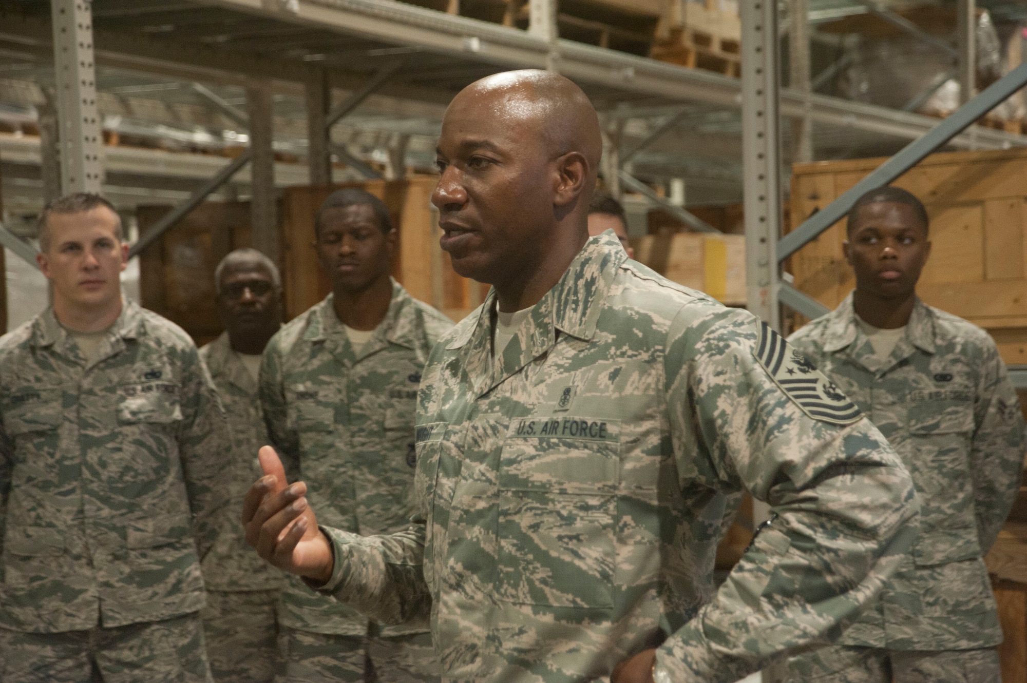 Chief Master Sgt. of the Air Force Kaleth O. Wright speaks to Airmen assigned to the 18th Logistics Readiness Squadron June 12, 2017, at Kadena Air Base, Japan. Wright is the 18th Chief Master Sgt. of the Air Force. (U.S. Air Force photo by Senior Airman Quay Drawdy)