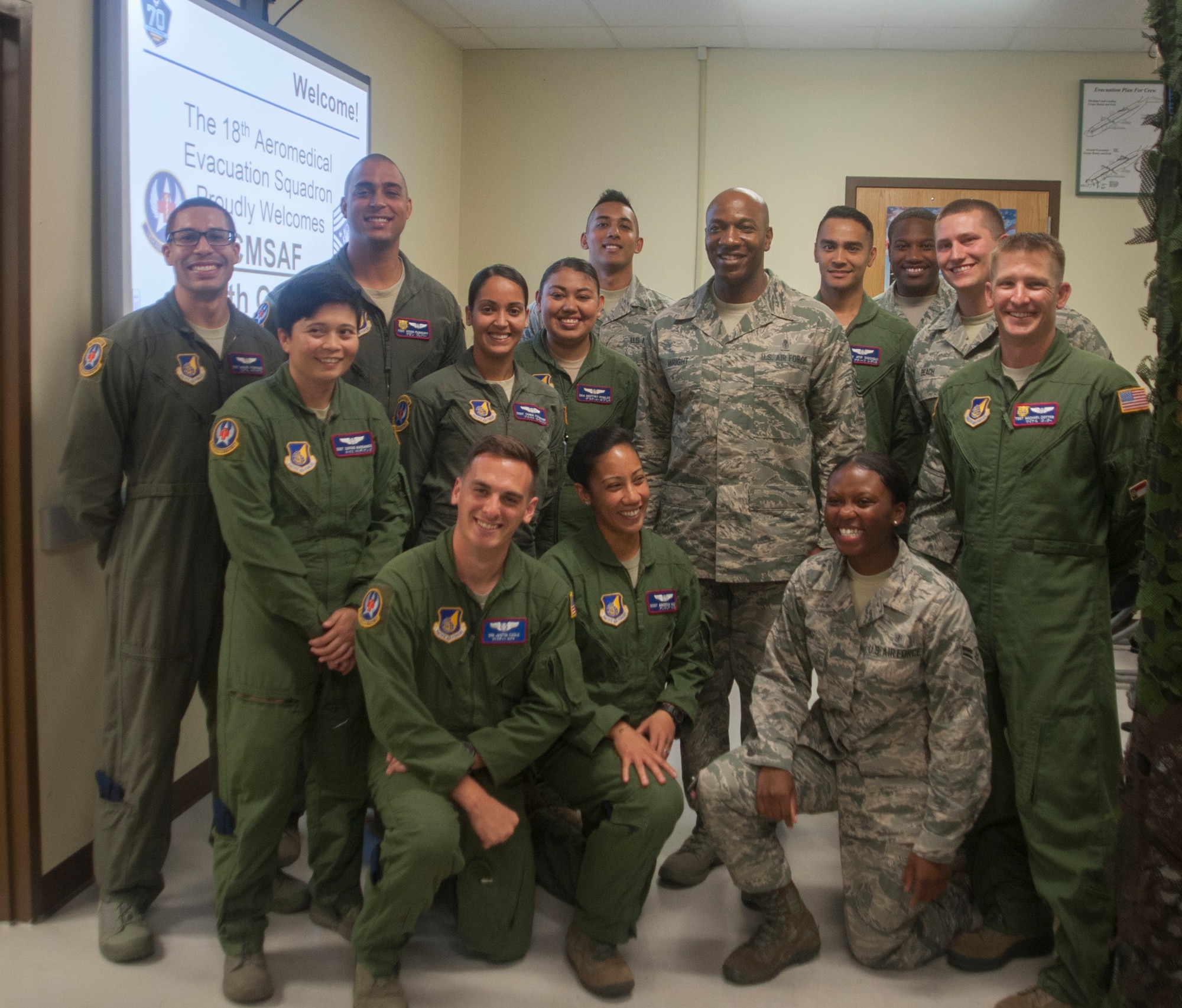 Chief Master Sgt. of the Air Force Kaleth O. Wright stands with members of the 18th Aeromedical Evacuation Squadron June 12, 2017, at Kadena Air Base, Japan. Wright is the 18th Chief Master Sgt. of the Air Force. (U.S. Air Force photo by Senior Airman Quay Drawdy)