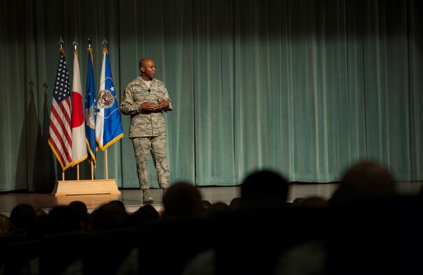 Chief Master Sgt. of the Air Force Kaleth O. Wright speaks with members of the 18th Wing June 12, 2017, at Kadena Air Base, Japan. Wright conducted his CMSAF Town Hall for more than 900 enlisted, officers, civilians and spouses of the 18th Wing and its partner unit where he addressed his command priorities, mission vision and the importance of Kadena and its Airmen. (U.S. Air Force photo by Senior Airman Quay Drawdy)