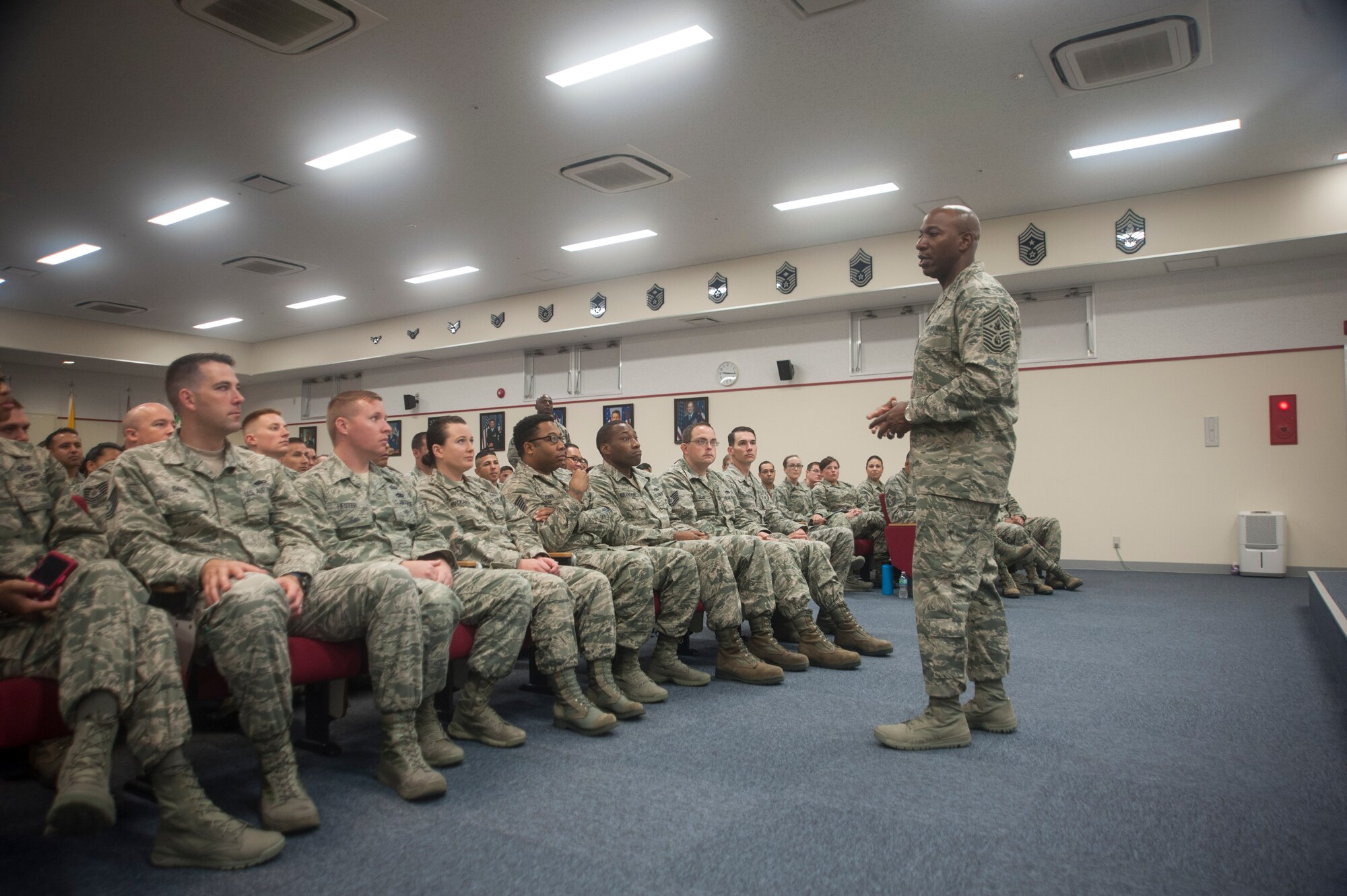Chief Master Sgt. of the Air Force Kaleth O. Wright speaks with Shogun Airmen at the Erwin Professional Military Education Center June 12, 2017, at Kadena Air Base, Japan. Members of the 18th Wing spoke with Wright about upcoming changes, policies and their missions. (U.S. Air Force photo by Senior Airman Quay Drawdy)