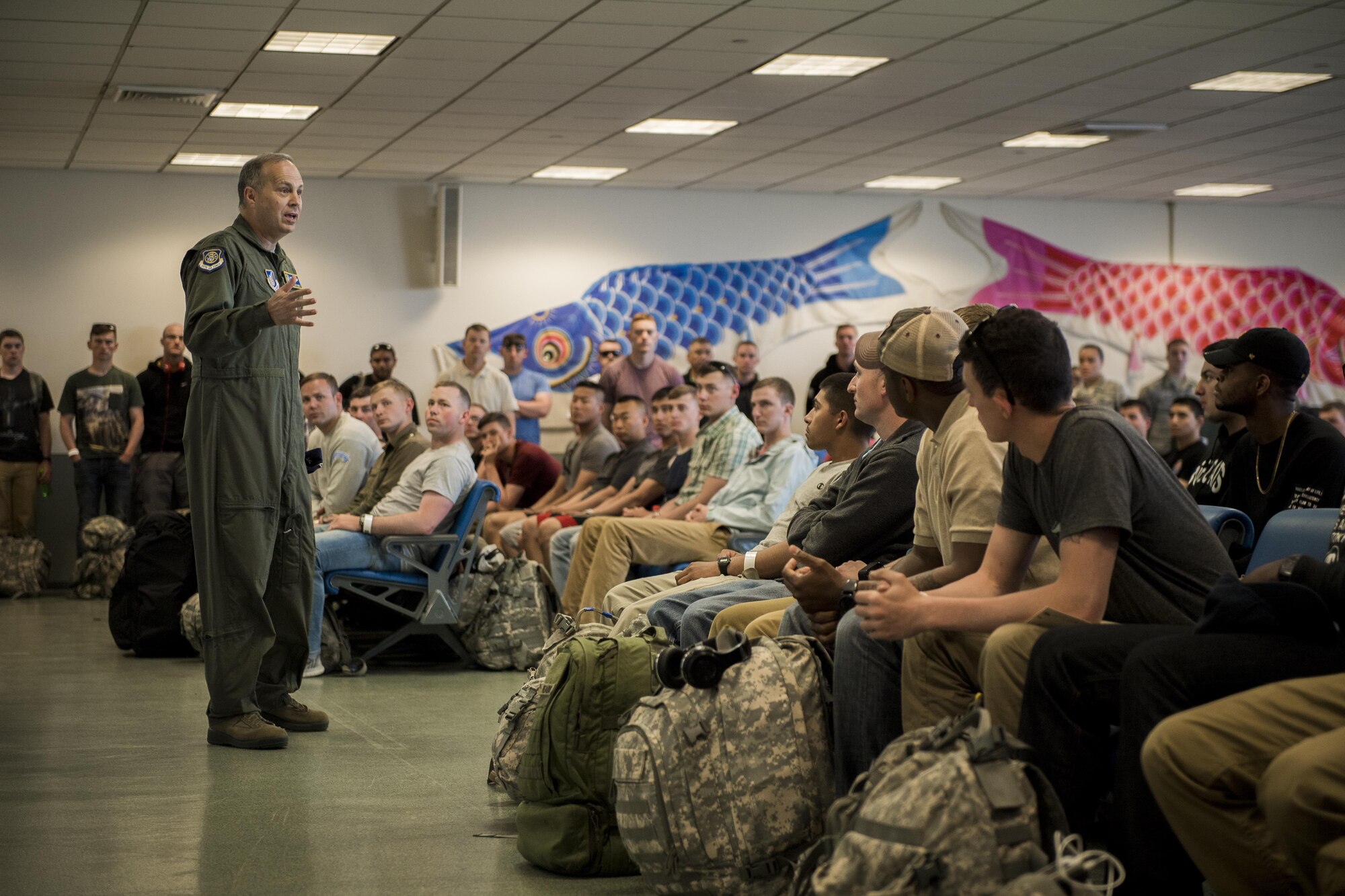 U.S. Air Force Lt. Gen. Jerry P. Martinez, United States Forces Japan and 5th Air Force commander, gives a welcome speech to Noncombatant Evacuation Operations exercise participants, June 6, 2017, at Yokota Air Base, Japan. The decision to conduct a NEO is made on a case by case basis due to natural disasters, civil unrest or military conflict to ensure the safety of the estimated 228,000 U.S. citizen residents and tourists in the Republic of Korea. (U.S. Air Force photo by Airman 1st Class Donald Hudson)