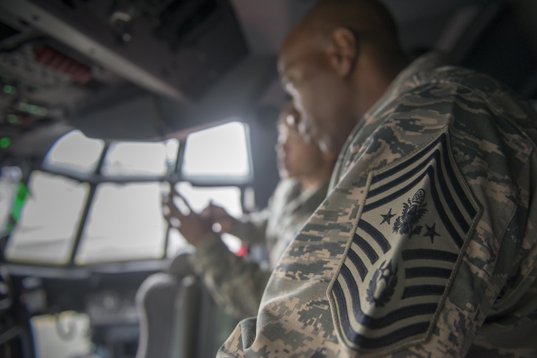 Chief Master Sgt. of the Air Force Kaleth O. Wright is briefed on the airlift capabilities of the new C-130J Super Hercules model during his visit, June 13, 2017, at Yokota Air Base, Japan. Wright later highlighted the importance of Yokota’s airlift mission throughout the Indo-Asia Pacific region. (U.S. Air Force photo by Airman 1st Class Juan Torres)
