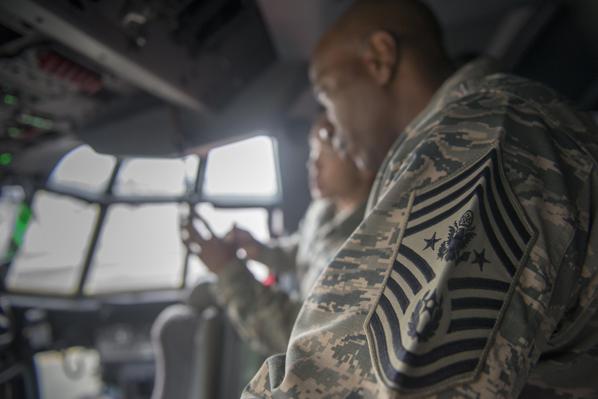 Chief Master Sgt. of the Air Force Kaleth O. Wright is briefed on the airlift capabilities of the new C-130J Super Hercules model during his visit, June 13, 2017, at Yokota Air Base, Japan. Wright later highlighted the importance of Yokota’s airlift mission throughout the Indo-Asia Pacific region. (U.S. Air Force photo by Airman 1st Class Juan Torres)