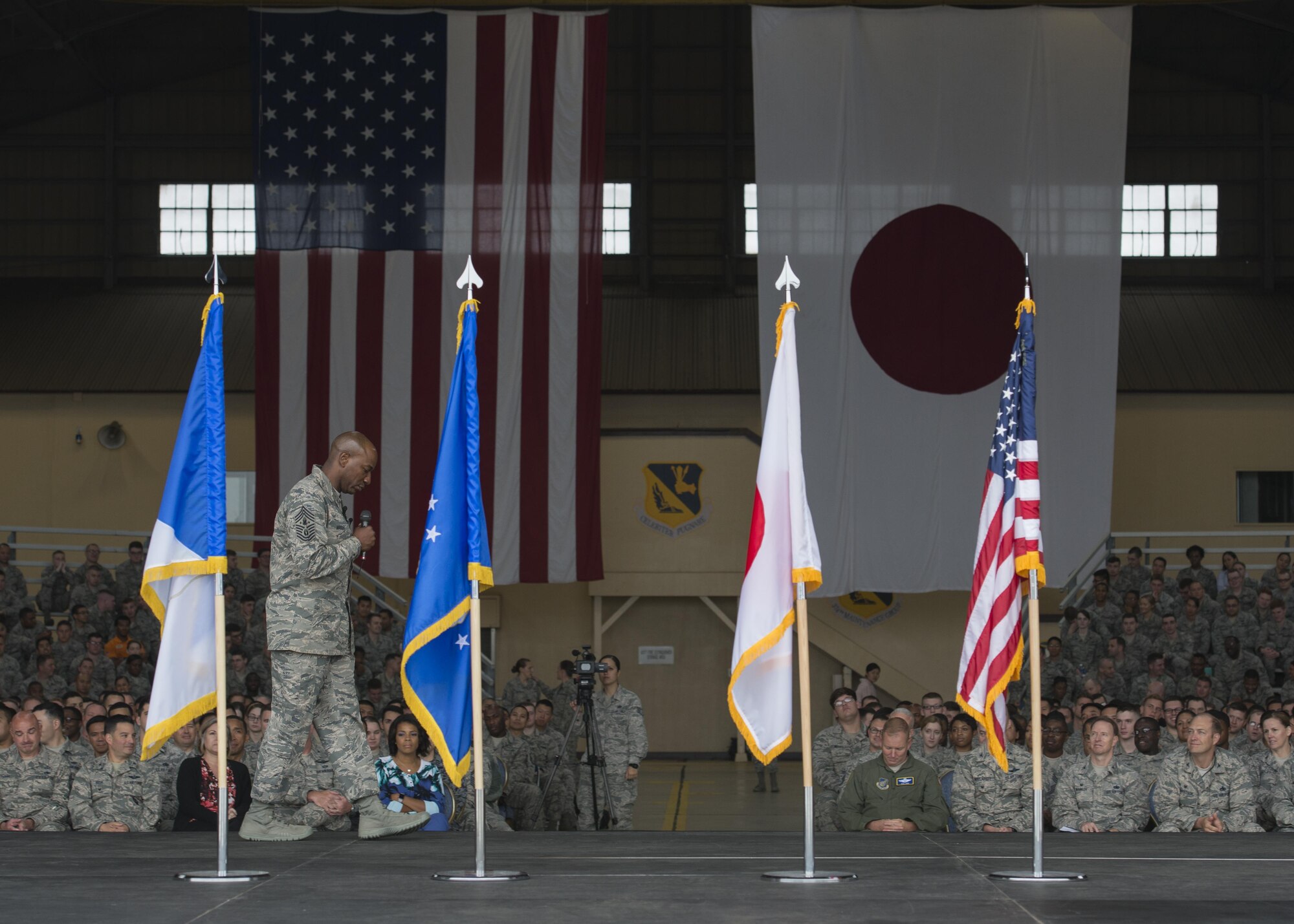 Chief Master Sgt. of the Air Force Kaleth O. Wright addresses Airmen assigned to the 374th Airlift Wing during an all-call, June 13, 2017, at Yokota Air Base, Japan. As the 18th chief master sergeant of the Air Force, Wright advises the Chief of Staff and the Secretary of the Air Force on all issues regarding the welfare, readiness, morale, and proper utilization and progress of the enlisted force. (U.S. Air Force photo by Airman 1st Class Juan Torres)