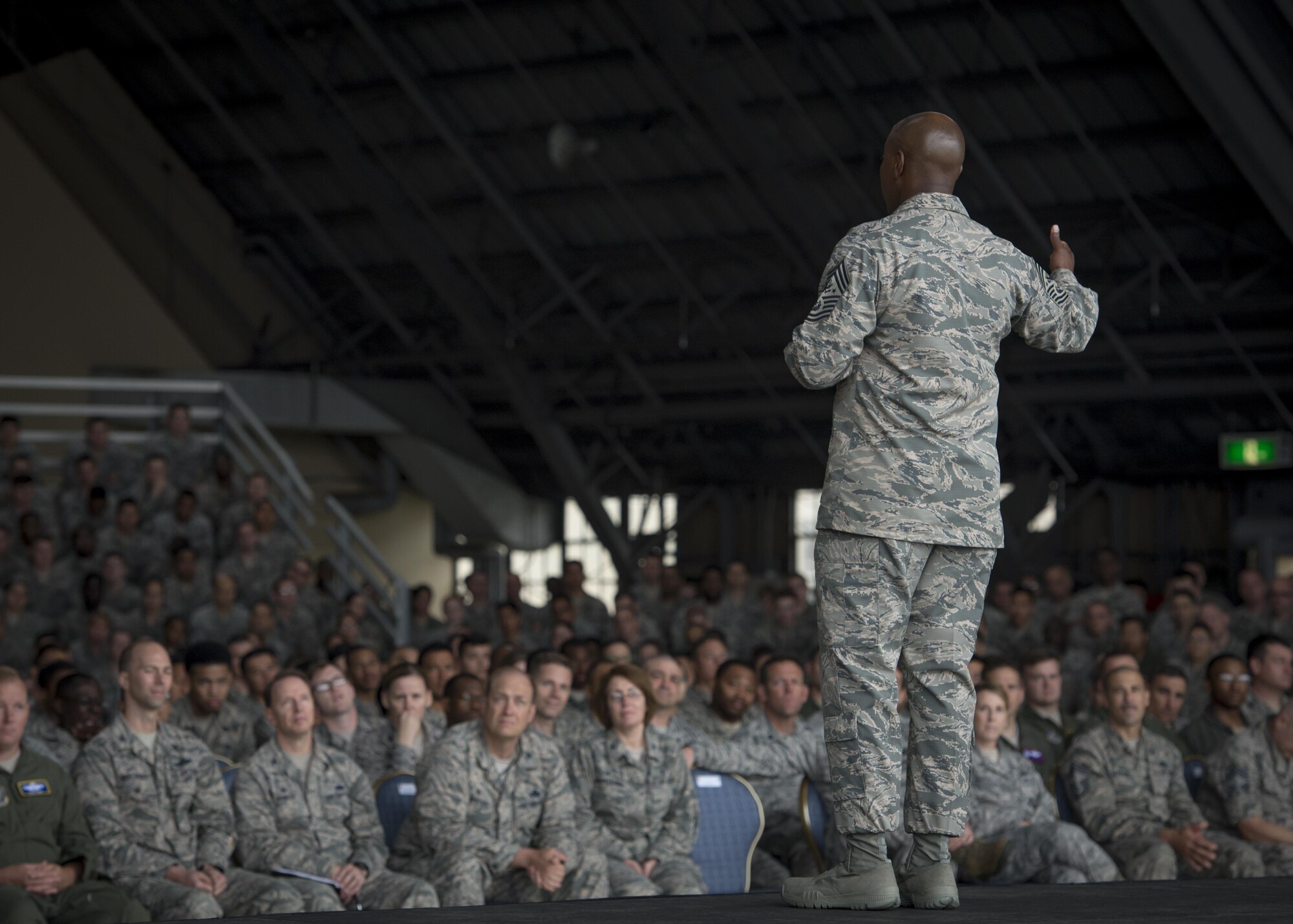 Chief Master Sgt. of the Air Force Kaleth O. Wright addresses Airmen assigned to the 374th Airlift Wing during an all-call, June 13, 2017, at Yokota Air Base, Japan. As the 18th chief master sergeant of the Air Force, Wright advises the Chief of Staff and the Secretary of the Air Force on all issues regarding the welfare, readiness, morale, and proper utilization and progress of the enlisted force. (U.S. Air Force photo by Airman 1st Class Juan Torres)