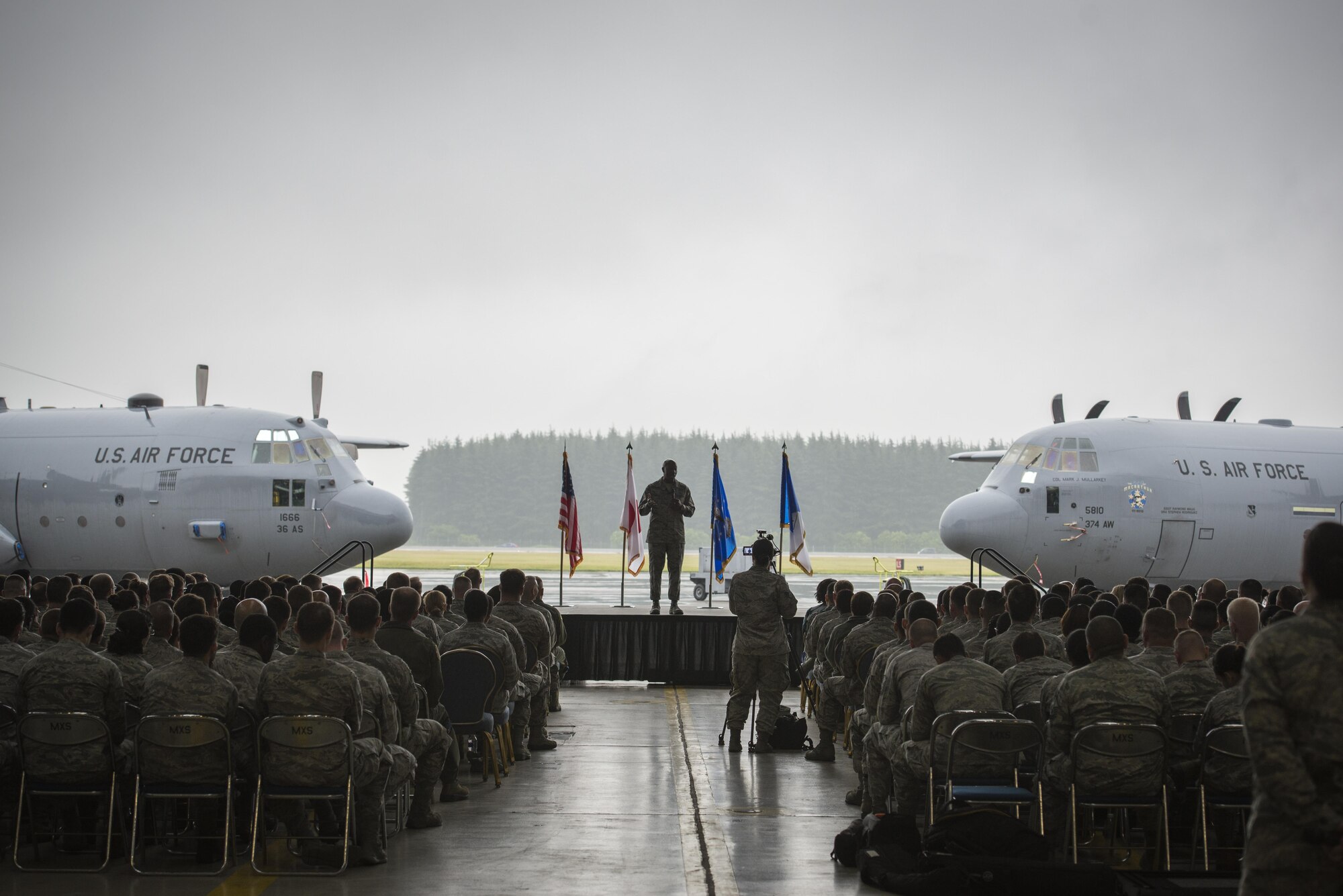 Chief Master Sgt. of the Air Force Kaleth O. Wright addresses Airmen assigned to the 374th Airlift Wing during an all-call, June 13, 2017, at Yokota Air Base, Japan. Wright represents the highest enlisted level of leadership, and as such, provides direction for the enlisted force and represents their interests, as appropriate, to the American public, and to those in all levels of government. (U.S. Air Force photo by Airman 1st Class Juan Torres)