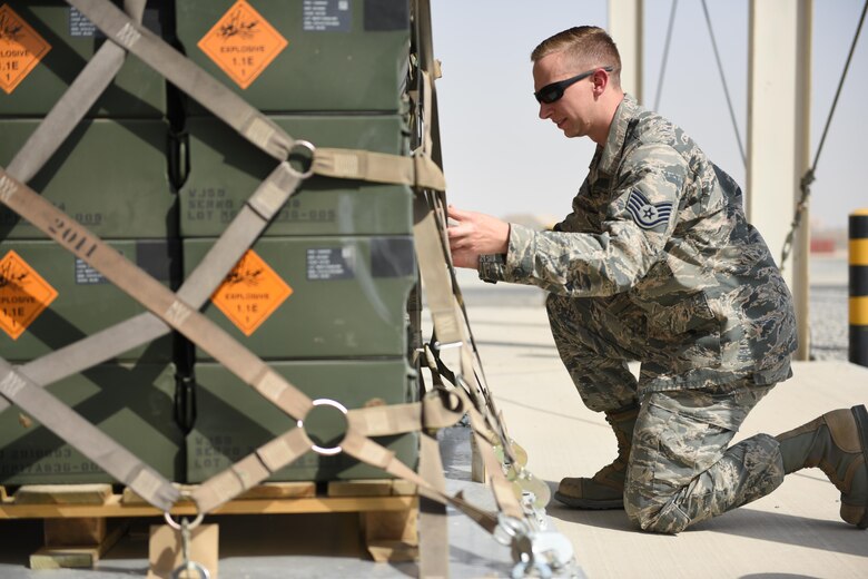 This week's Rock Solid Warrior is Staff Sgt. Jason Ervin, the 386th Expeditionary Maintenance Squadron munitions operations NCOIC, deployed from Yokota Air Base, Japan. The Rock Solid Warrior program is a way to recognize and spotlight the Airmen of the 386th Air Expeditionary Wing for their positive impact and commitment to the mission. (U.S. Air Force photo/ Tech. Sgt. Jonathan Hehnly)