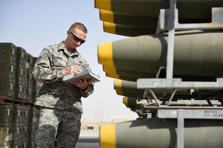This week's Rock Solid Warrior is Staff Sgt. Jason Ervin, the 386th Expeditionary Maintenance Squadron munitions operations NCOIC, deployed from Yokota Air Base, Japan. The Rock Solid Warrior program is a way to recognize and spotlight the Airmen of the 386th Air Expeditionary Wing for their positive impact and commitment to the mission. (U.S. Air Force photo/ Tech. Sgt. Jonathan Hehnly)