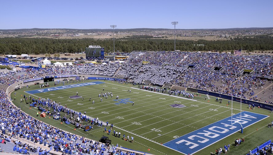 Sports fans fill Falcon Stadium during a Falcon Football match at the U.S. Air Force Academy. The 10th Security Forces Squadron is one organization among other first-responder teams that keep the popular stadium safe during large-scale events. (U.S. Air Force photo/Mike Kaplan) 