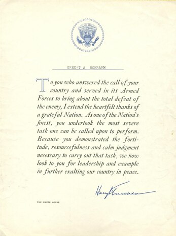 President Harry Truman's letter to Ernie Schramm