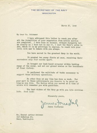 SecNav Forrestal letter to Ernie Schramm