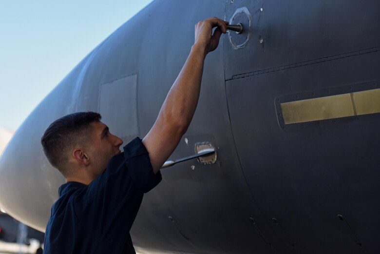 Senior Airman Tanner Collins, 336th Fighter Squadron crew chief, performs routine checks before taxiing for takeoff during Exercise Razor Talon, June 6, 2017, at Seymour Johnson Air Force Base, North Carolina. Every month, Seymour Johnson Airmen take part in the exercise to prepare them for what may happen in deployed environments. (U.S. Air Force photo by Senior Airman Ashley Maldonado-Suarez)