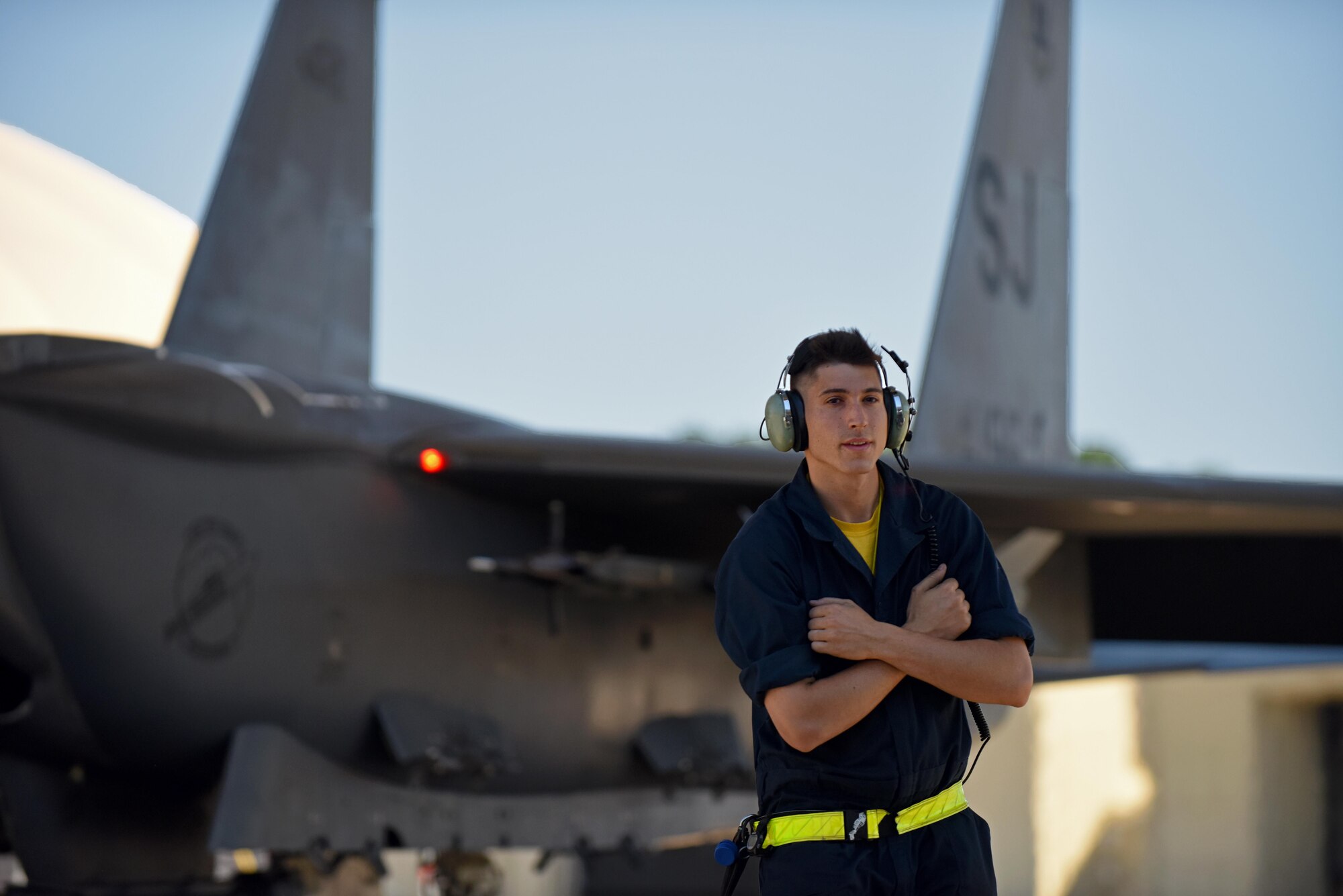 Senior Airman Tanner Collins, 336th Fighter Squadron crew chief, taxis an F-15E Strike Eagle for takeoff during Exercise Razor Talon, June 6, 2017, at Seymour Johnson Air Force Base, North Carolina. The monthly exercise allows service members unique opportunities to combine land, air and sea forces from all service branches in a realistic training environment. (U.S. Air Force photo by Senior Airman Ashley Maldonado-Suarez)