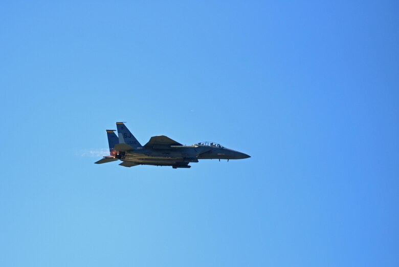 An F-15E Strike Eagle takes off for Exercise Razor Talon, June 6, 2017, at Seymour Johnson Air Force Base, North Carolina. Razor Talon takes place off the East Coast of North Carolina and includes other military branches, such as the Army and Navy, to simulate possible events in a deployed environment. (U.S. Air Force photo by Senior Airman Ashley Maldonado-Suarez)
