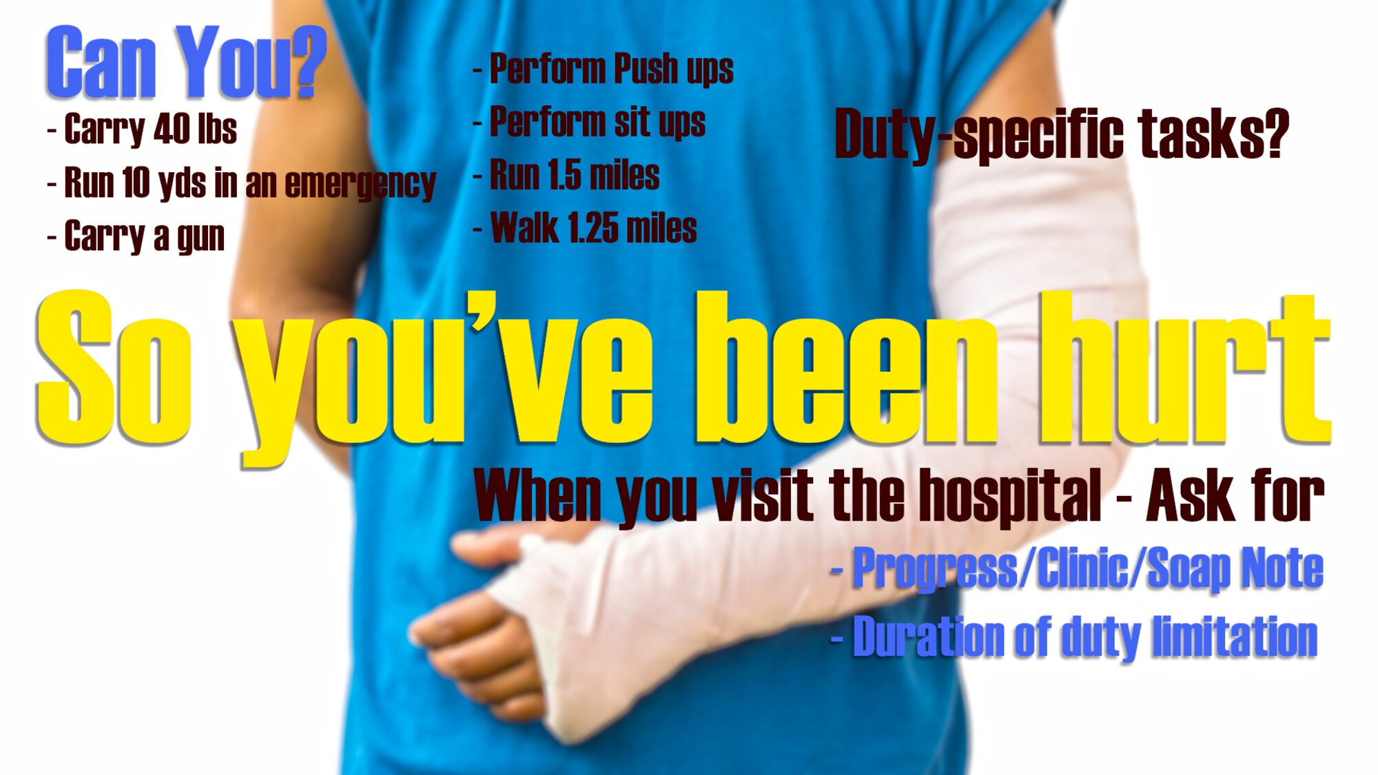 Many Airmen bring in the wrong documentation after they have been injured for their military medical records. They need to bring in the doctor's notes along with some very specific questions answered. (U.S. Air Fore graphic by Staff Sgt. Daniel Phelps)