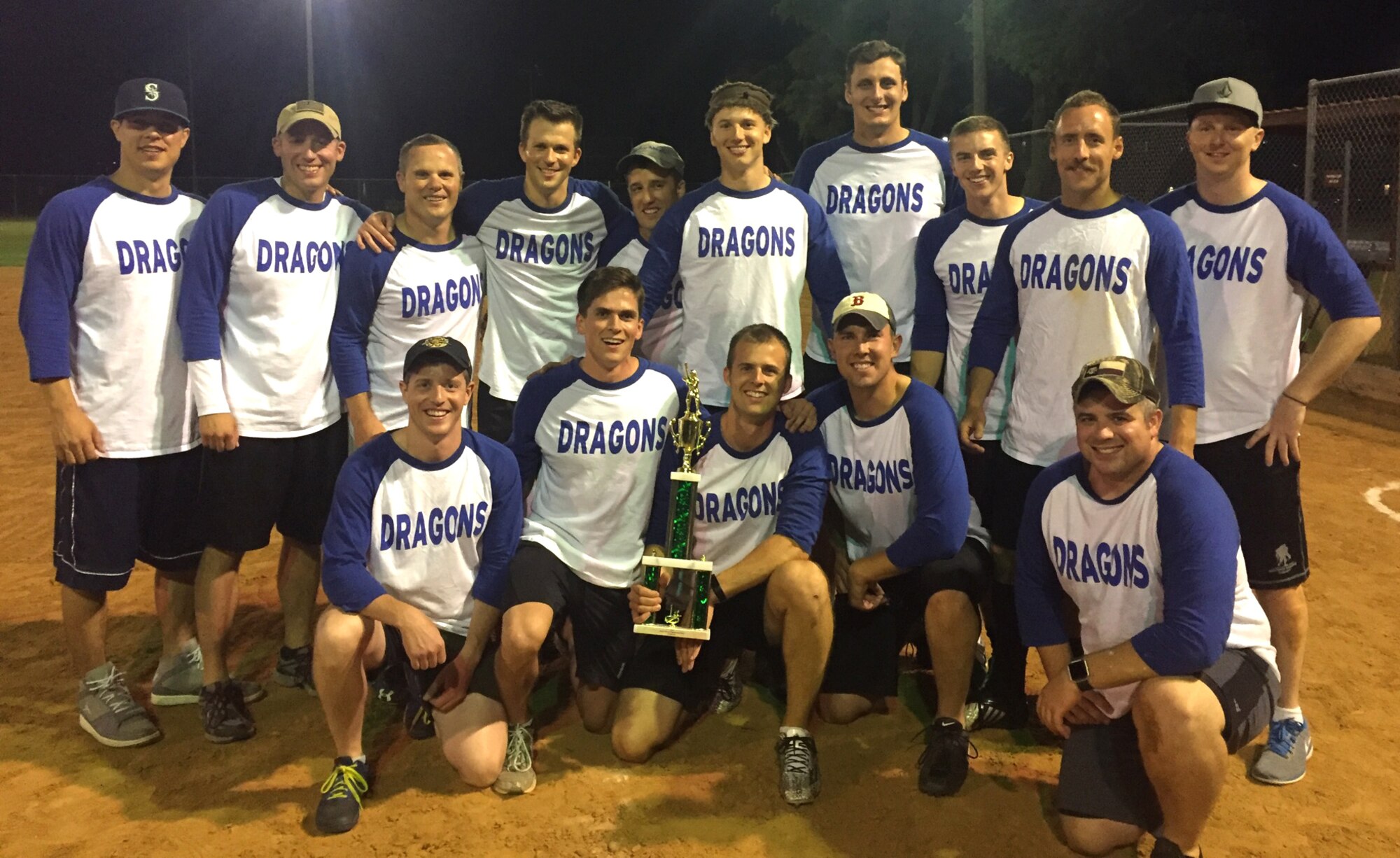 The 33rd Flying Training Squadron’s “Dragons” softball team captured the 2017 Vance softball championship with a hard-fought 16-15 victory over the 71st Student Squadron’s “A-Team” June 7. The Dragons are: front row from left, Ray Stone, Sam Mittelman, Caleb Becker, Matt Osgood and Jeffrey Johnson; back row from left, Eric Gonzales, Jon Hall, Casey Closz, Chris Vail, Russell John, Malcolm Richards, Tim Martinelli, Zach Smith, Andy Day and Mickey Moses. Also on the team but not in picture, John Kronenwetter. (Photo by Kellie Jensen)