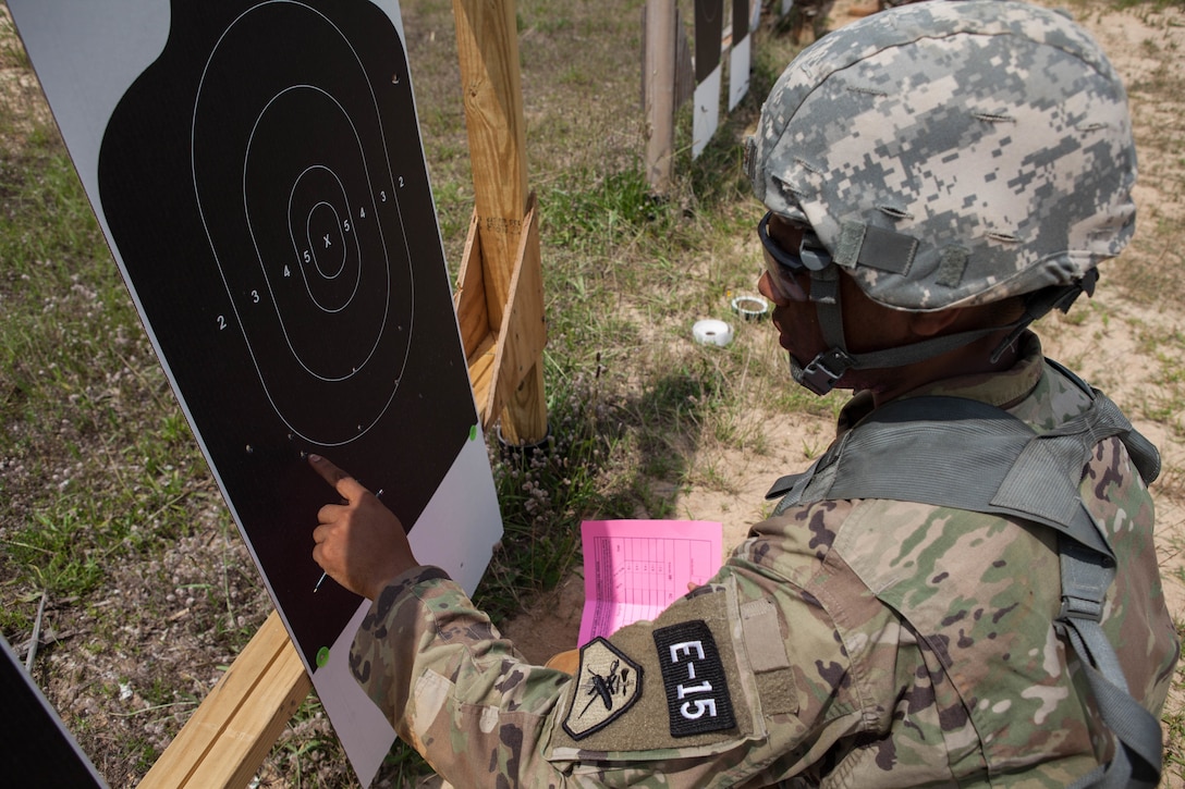 Pfc. Andrew Green, with the 6th Legal Operations Detachment, scores another Warrior's target at the 2017 U.S. Army Reserve Best Warrior Competition at Fort Bragg, N.C., June 13. This year's Best Warrior Competition will determine the top noncommissioned officer and junior enlisted Soldier who will represent the U.S. Army Reserve in the Department of the Army Best Warrior Competition later this year at Fort A.P. Hill, Va. (U.S. Army Reserve photo by Lisa Velazco) (Released)