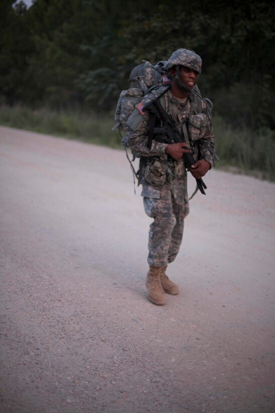 Sgt. Terrell Fields a Healthcare Specialist representing the U.S. Army Reserve Medical Command, competes in foot march, at the 2017 U.S. Army Reserve Best Warrior Competition at Fort Bragg, N.C. June 13. This year's Best Warrior Competition will determine the top noncommissioned officer and junior enlisted Soldier who will represent the U.S. Army Reserve in the Department of the Army Best Warrior Competition later this year at Fort A.P. Vill, Va. (U.S. Army Reserve photo by Spc. Jesse L. Artis Jr.) (Released)