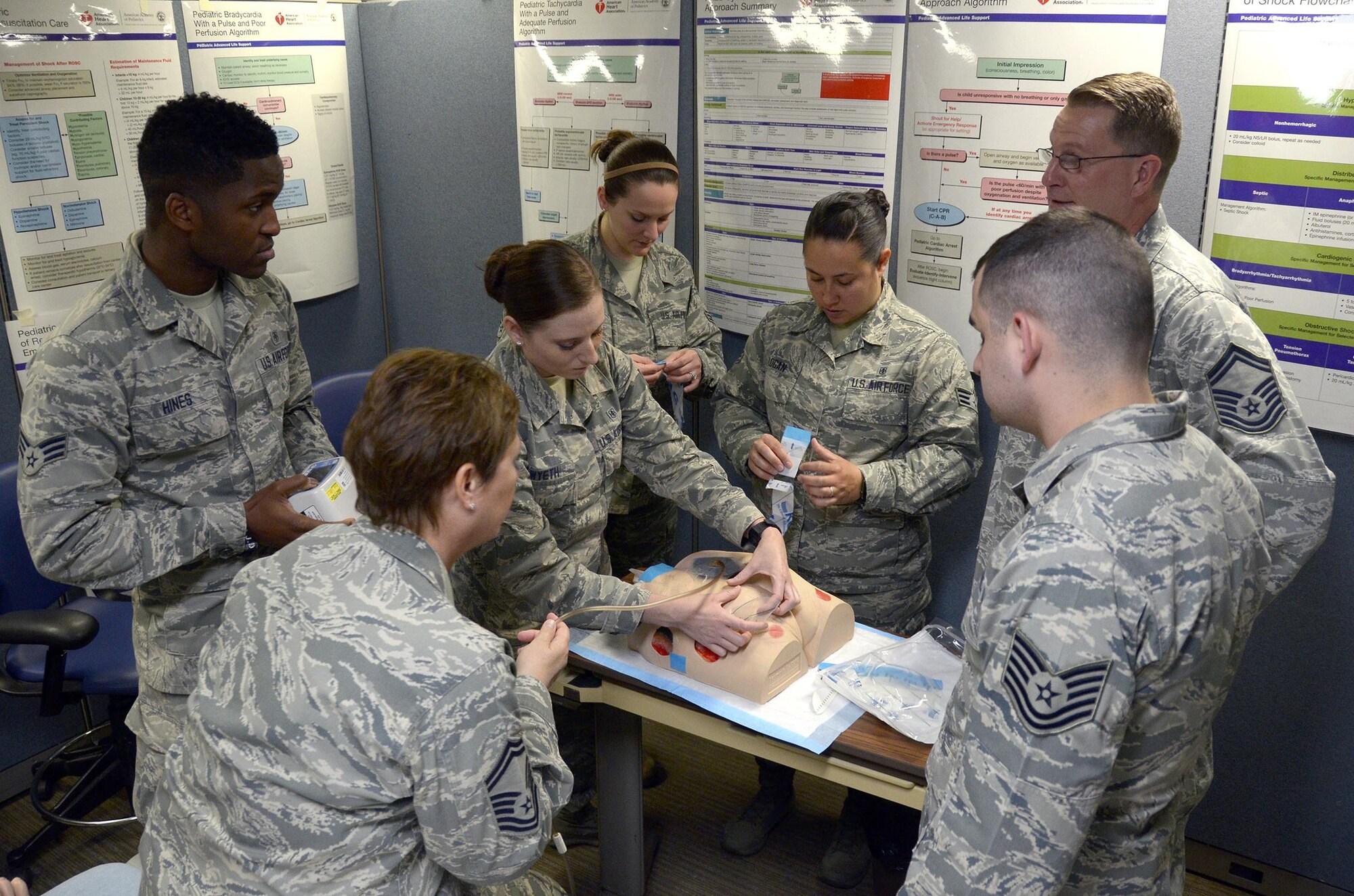 445th Aerospace Medicine Squadron aerospace medical technicians practice Negative-Pressure Wound Therapy at the Wright-Patterson Air Force Base Medical Center, during the May 7, 2017 unit training assembly. The NPWT manikin allows the Airmen to get hands on training in the area. (U.S. Air Force photo/Staff Sgt. Joel McCullough)