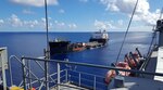 USNS Montford Point (T-ESD 1) approaches USNS Soderman (T-AKR 317) during a seabasing exercise near Saipan, July 13.