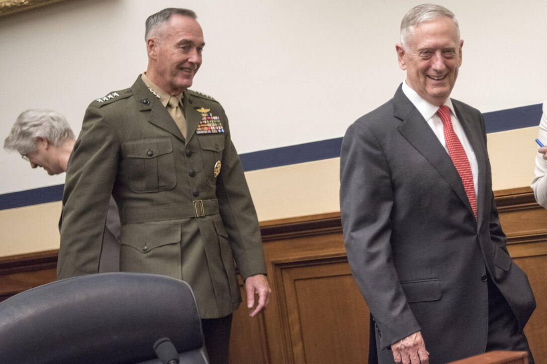Defense Secretary Jim Mattis and Marine Corps Gen. Joe Dunford, chairman of the Joint Chiefs of Staff, arrive at the Rayburn House Office Building to provide testimony on the FY2018 Defense Budget Request before the House Armed Services Committee in Washington D.C., June 12, 2017. DoD photo by Navy Petty Officer 2nd Class Dominique A. Pineiro