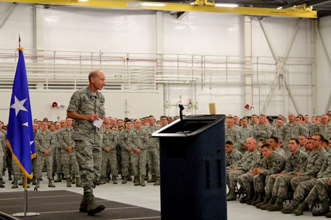 Gen. Mike Holmes, commander of Air Combat Command, addresses 388th Fighter Wing Airmen at an All Call June 13, 2017, at Hill Air Force Base, Utah.
