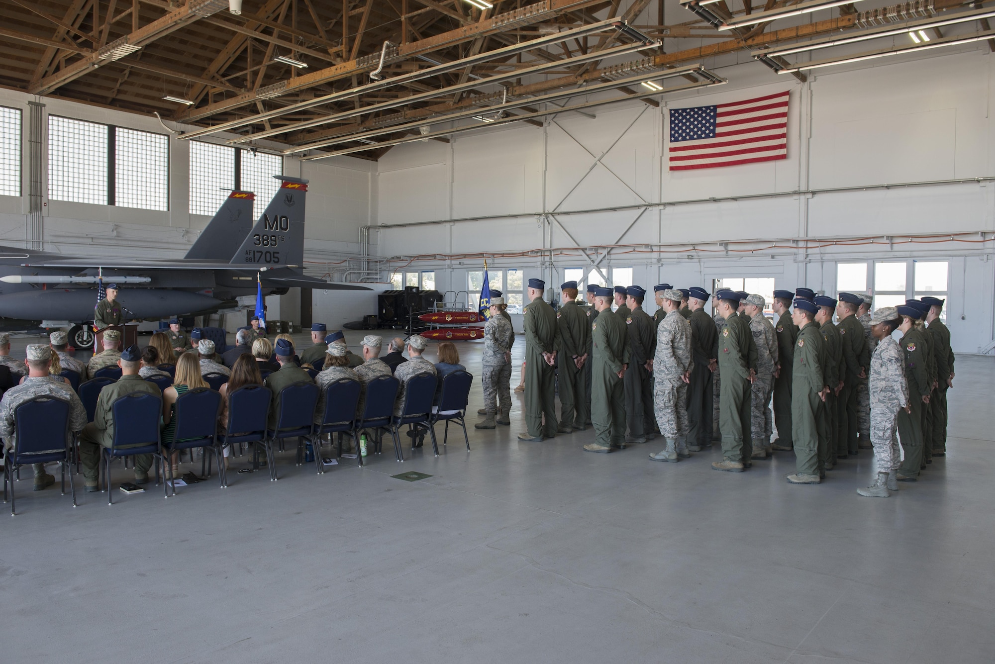 Lt Col. Gary Marlowe addresses the 389th Fighter Squadron at his change of command ceremony May 22, 2017, at Mountain Home Air Force Base, Idaho. Marlowe was the commander of the T-Bolts for two years before passing command to Lt Col. David Och. (U.S. Air Force photo by Airman 1st Class Jeremy D. Wolff/Released)