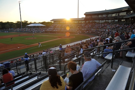 Members of the Charleston Community watch the Charleston RiverDogs play baseball during Military Appreciation Night at Joseph P. Riley Jr. Park, Charleston, June 14, 2017. The Joint Base Charleston Honor Guard, the 841st Transportation Battalion, 628th Security Forces Squadron and 628th Civil Engineer Squadron Explosive Ordnance Disposal Flight represented JB Charleston at the game. The RiverDogs beat the West Virginia Power 5-2.