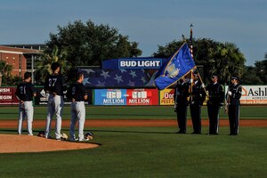 The Joint Base Charleston Honor Guard post the colors during the Charleston RiverDogs Military Appreciation Night at Joseph P. Riley Jr. Park, Charleston, June 14, 2017. The 841st Transportation Battalion, 628th Security Forces Squadron and 628th Civil Engineer Squadron Explosive Ordnance Disposal Flight represented JB Charleston at the game. The RiverDogs beat the West Virginia Power 5-2.