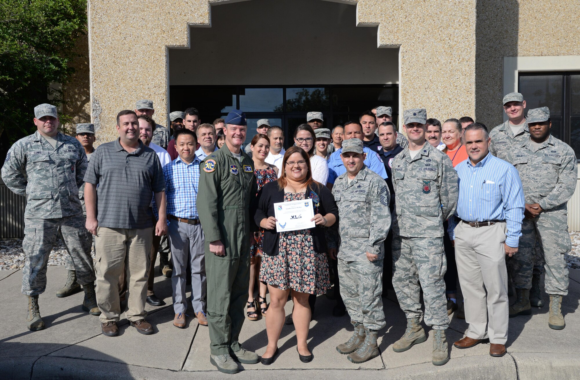 Ms. Yamilka Pinero-Medina, 47th Civil Engineering Squadron Energy Manager, was chosen by wing leadership to be this week’s “XLer,” June 6, 2017. The “XLer” award is presented by Col. Thomas Shank, 47th Flying Training Wing commander, and is given to those who consistently make outstanding contributions to their unit, Laughlin and the flying training mission. (U.S. Air Force photo/Airman 1st Class Daniel Hambor)