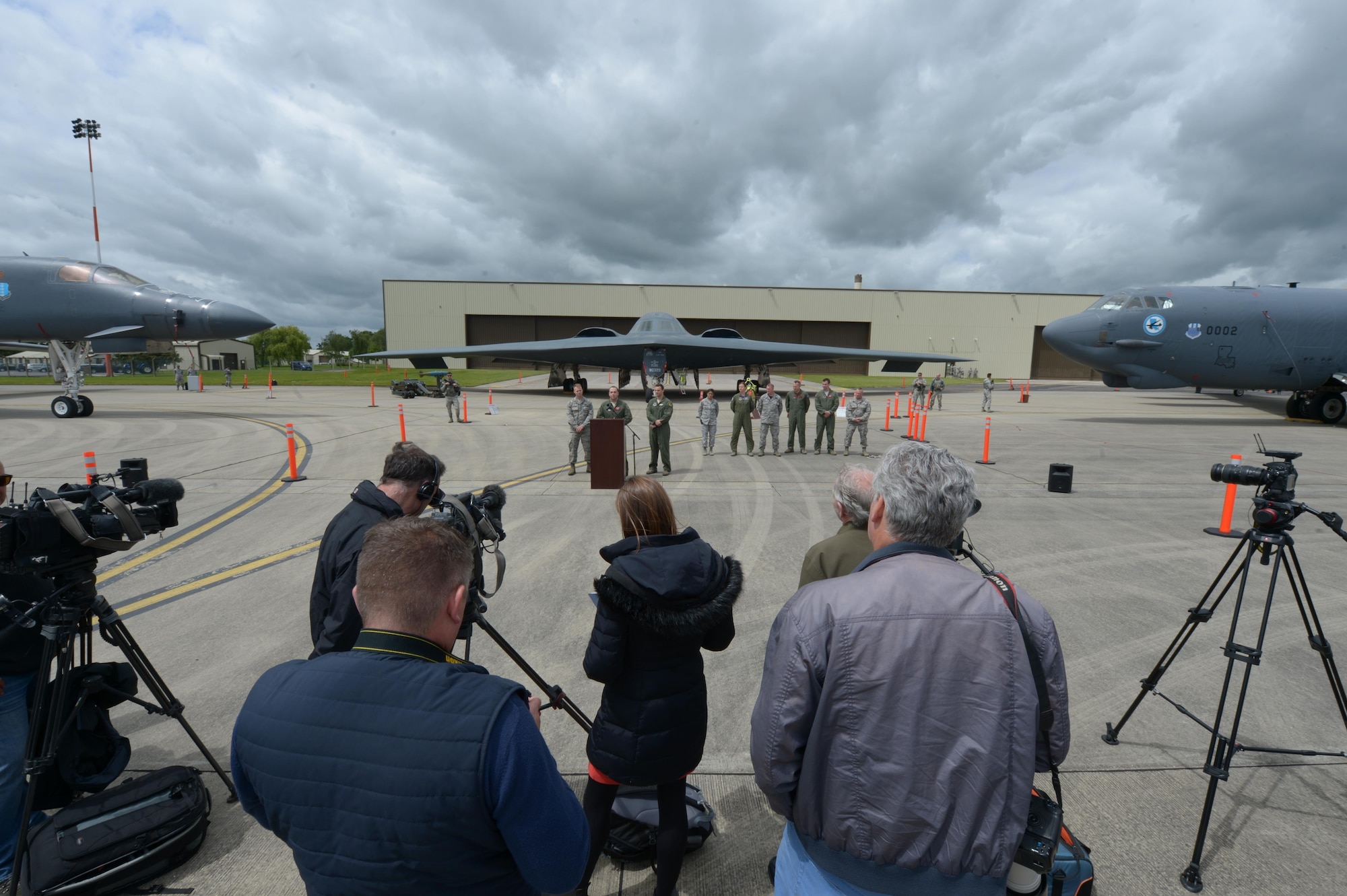 Journalists from more than 15 media outlets took part in a media availability at Royal Air Force Fairford, United Kingdom, June 12, 2017, hosted by Lt. Gen. Richard Clark, 3rd Air Force and 17th Expeditionary Air Force commander and attended by Charge d’Affaires Lewis Lukens. This was the first time in history that the B-1 Lancer, B-2 Spirit and B-52 Stratofortress were together simultaneously in the U.S. European Command theater. (U.S. Air Force photo/Senior Airman Curt Beach)