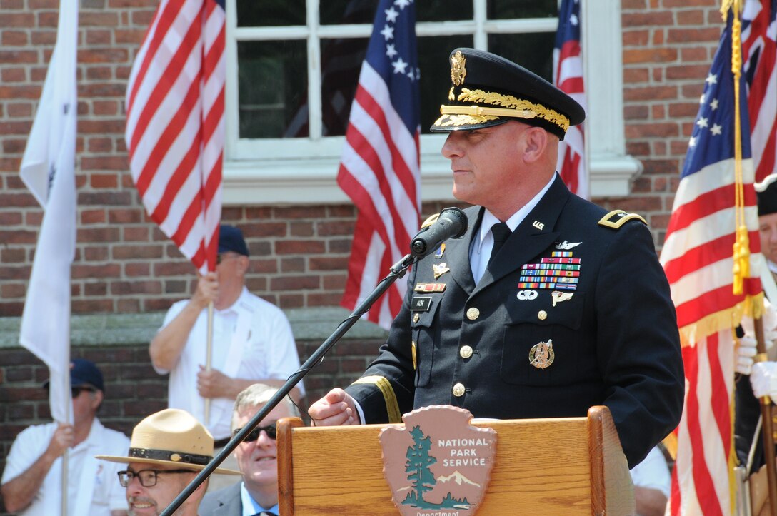 Maj. Gen. Troy D. Kok, commanding general of the U.S. Army Reserve’s 99th Regional Support Command (right), delivers remarks June 14 at the Stripes and Stars Festival celebrating the U.S. Army 242nd birthday at Independence Hall in Philadelphia. Joining Kok during the event was retired Gen. Carter F. Ham, president and CEO of the Association of the United States Army and former commander of U.S. Africa Command.