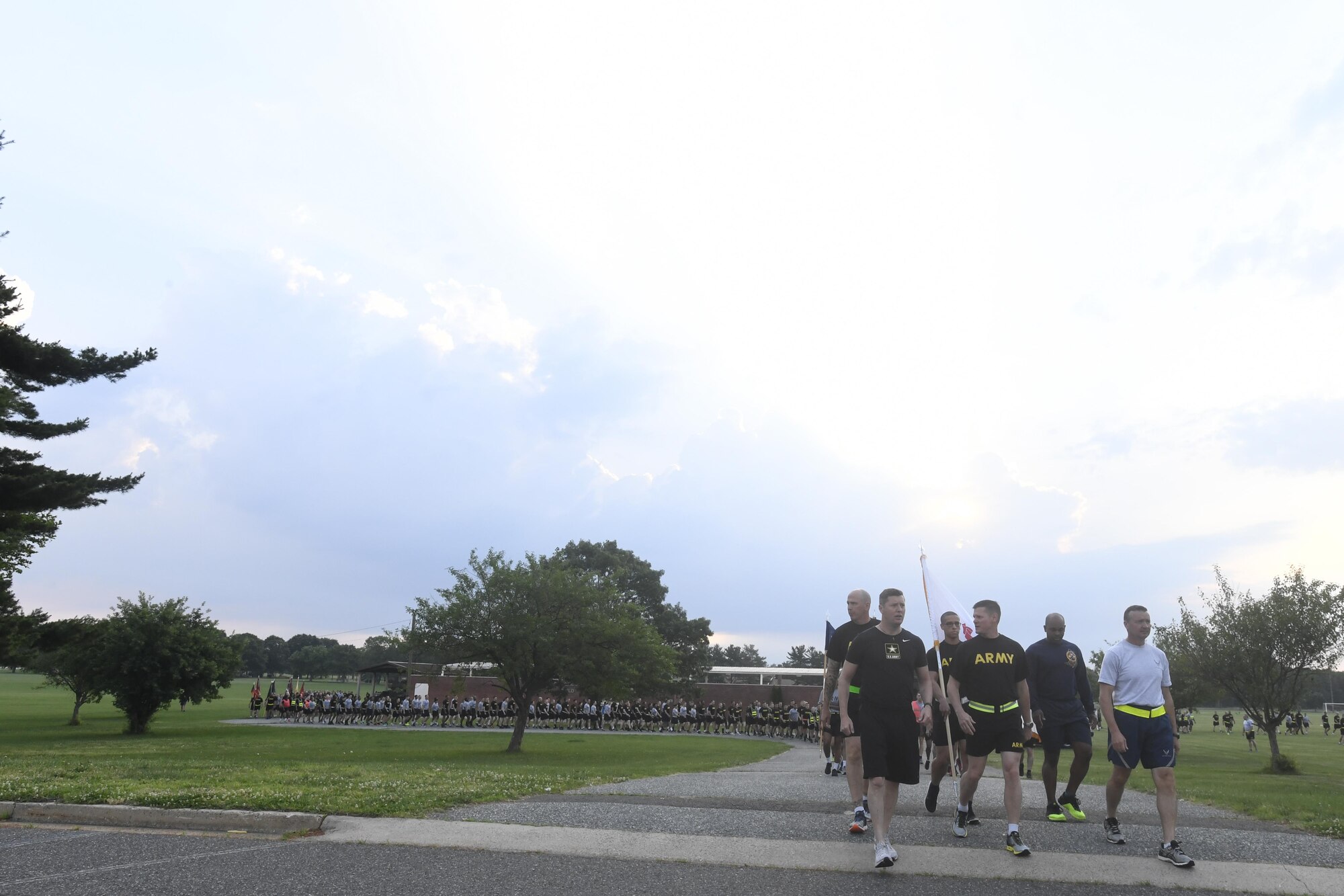 Servicemembers gathered at Doughboy Field kick off celebrations of the Army's 242nd birthday with a 5K run on the Dix-side of the Joint Base, June 14, 2017. In traditional army fashion, the run began shortly after dawn.