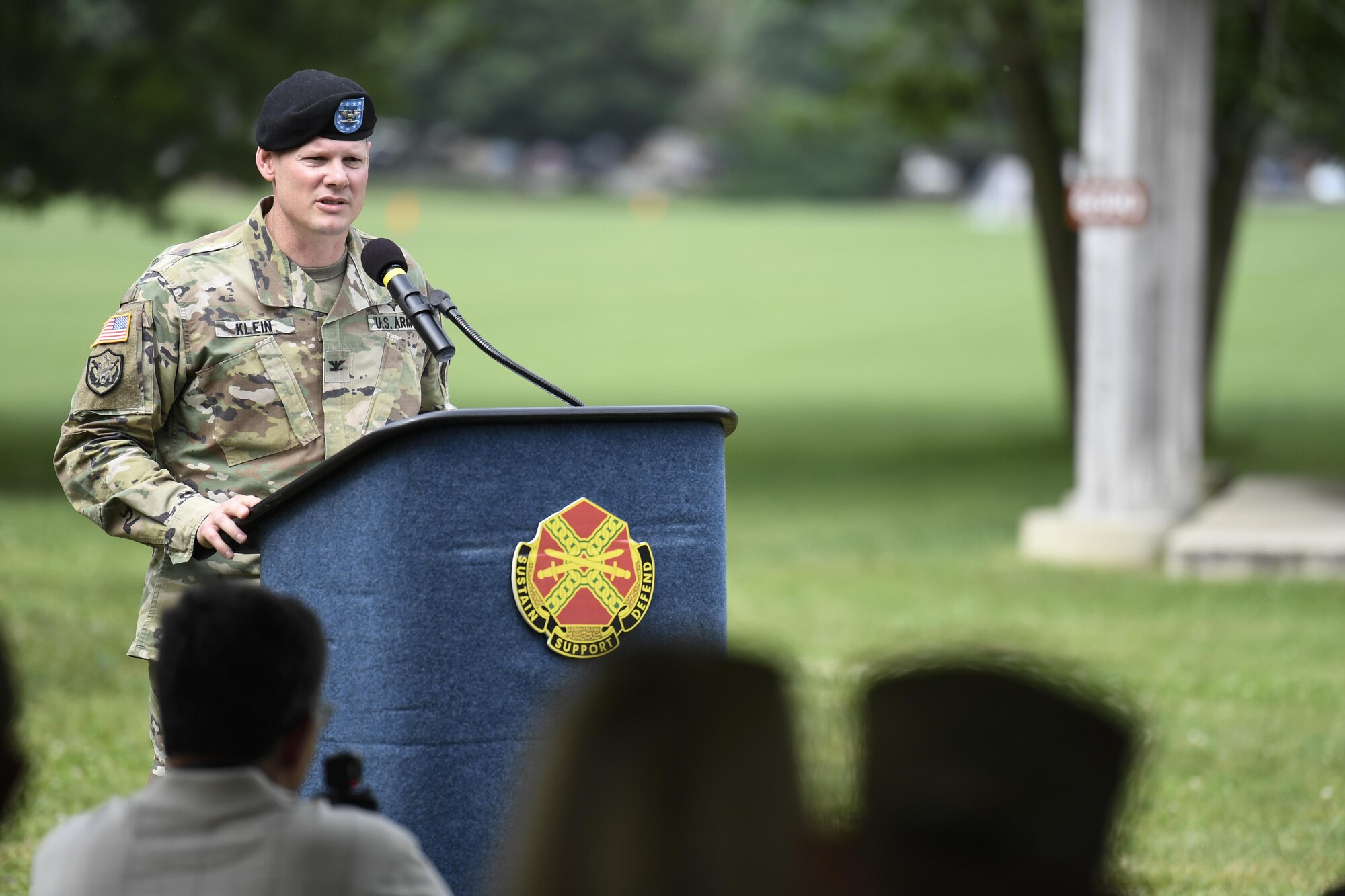 Col. Martin Klein, deputy commander, Joint Base McGuire-Dix-Lakehurst, speaks at the Army 242nd birthday celebration at the Fort Dix museum here, June 14, 2017. The official ceremony included guest speaker Patrick Murphy, former Under Secretary of the Army and the cutting of a birthday cake with a cavalry sword. 