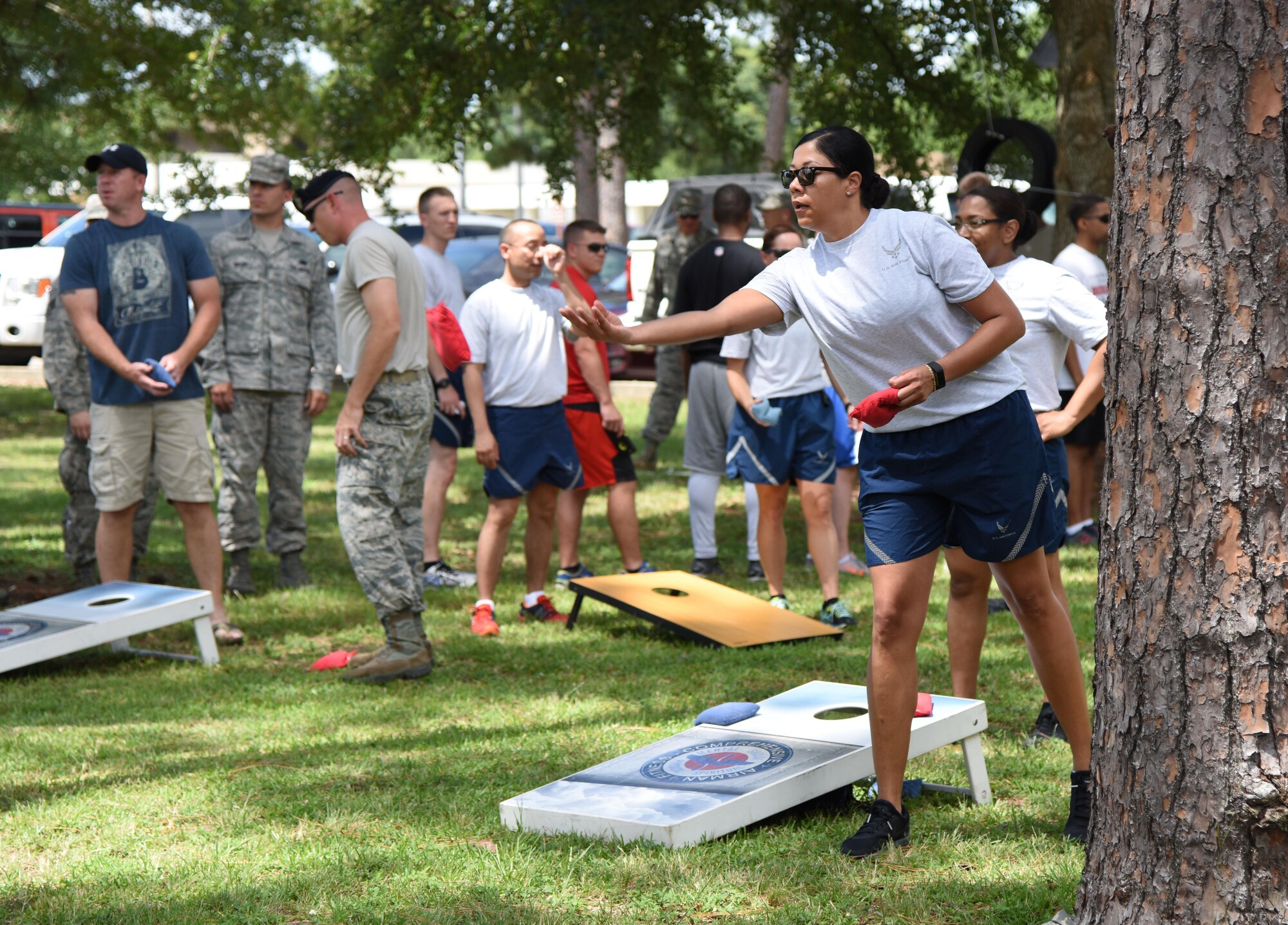 Senior Master Sgt. Melanie Townsend, 81st Comptroller Squadron Wing Staff Agency superintendent, participates in the cornhole competition behind the Blake Fitness Center June 13, 2017, on Keesler Air Force Base, Miss. The competition was one of several Wingman Week events focusing on resiliency and teambuilding initiatives across the base. (U.S. Air Force photo by Kemberly Groue)