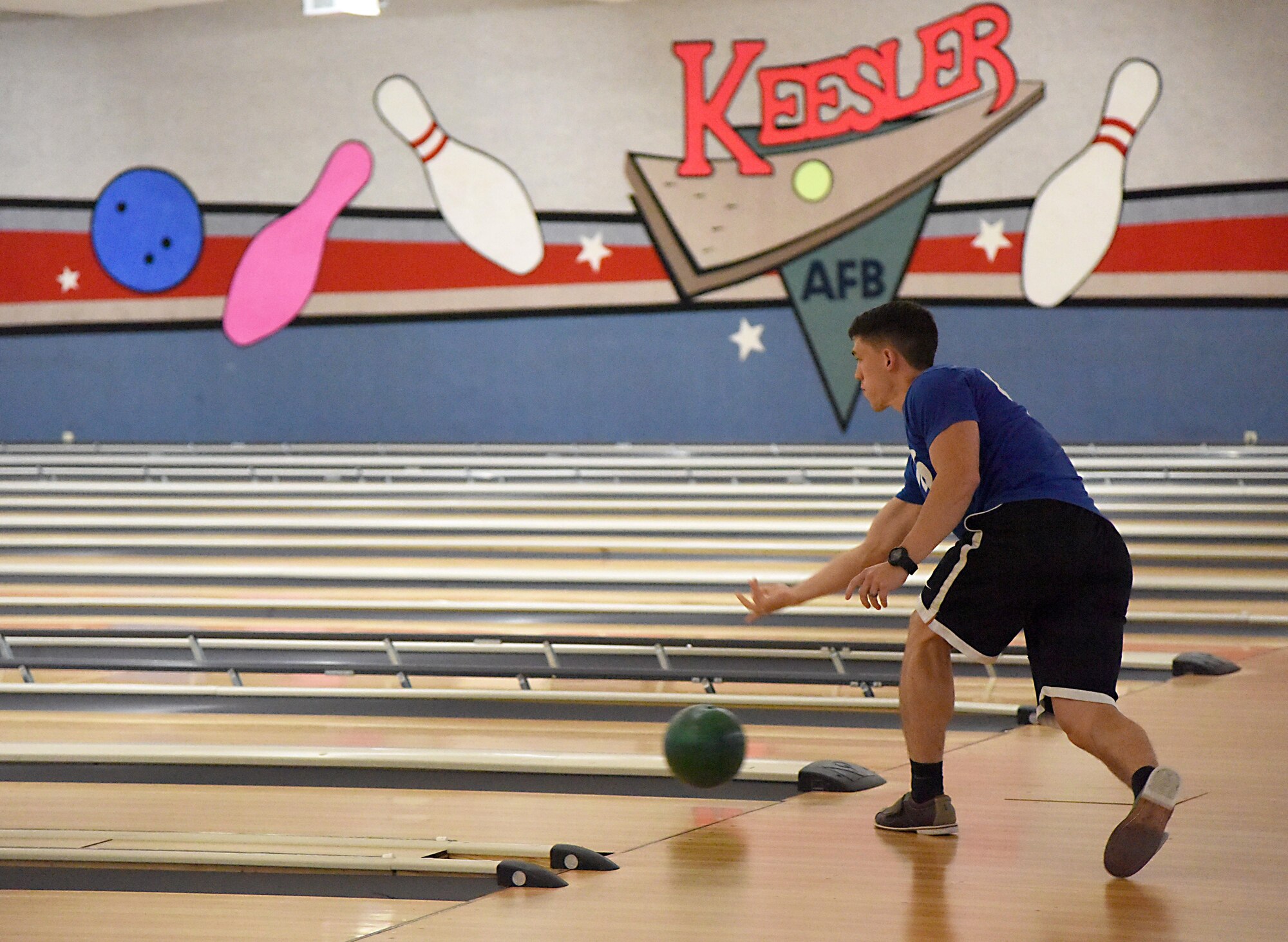 Senior Airman Cecil Whiting, 81st Surgical Operations Squadron medical technician, participates in a bowling competition at Gaudé Lanes June 13, 2017, on Keesler Air Force Base, Miss. The competition was one of several Wingman Week events focusing on resiliency and teambuilding initiatives across the base. (U.S. Air Force photo by Kemberly Groue)