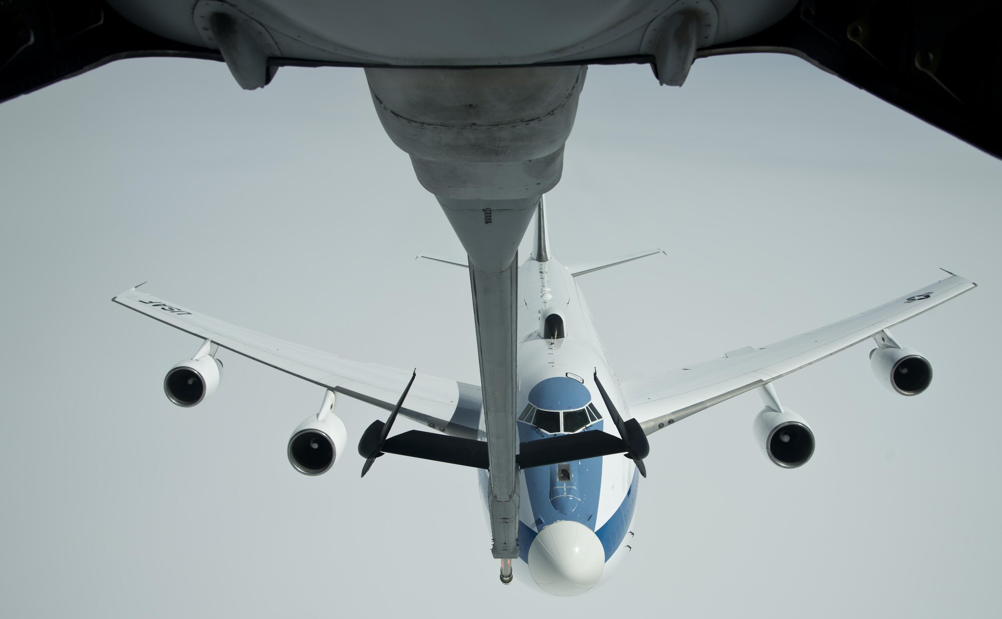 An E-4B from U.S. Air Force Global Strike Command, Barksdale Air Force Base, La., is refueled by a KC-10 Extender from Travis Air Force Base, Calif., during a local mission June 12, 2017. In case of national emergency or destruction of ground command and control centers, the E-4B provides a highly survivable command, control and communications center to direct U.S. forces, execute emergency war orders and coordinate actions by civil authorities. (U.S. Air Force photo/Staff Sgt. Nicole Leidholm/Released)