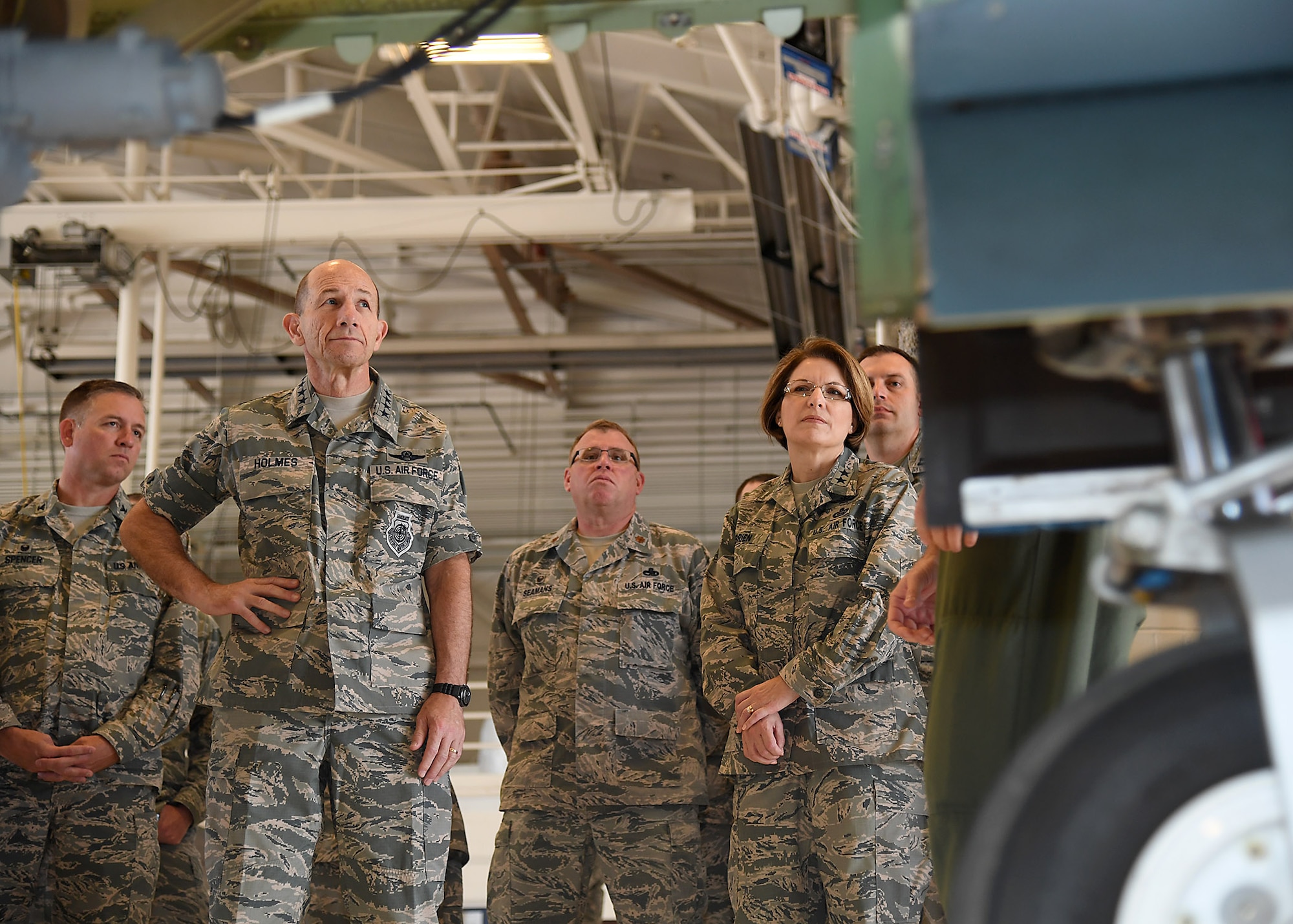 Gen. Mike Holmes, Air Combat Command commander, listens to an RQ-4 Global Hawk briefing June 15, 2017, on Grand Forks Air Force Base, N.D. Holmes visited Grand Forks AFB to take part in the base’s re-alignment from Air Mobility Command to ACC. (U.S. Air Force photo by Senior Airman Ryan Sparks)